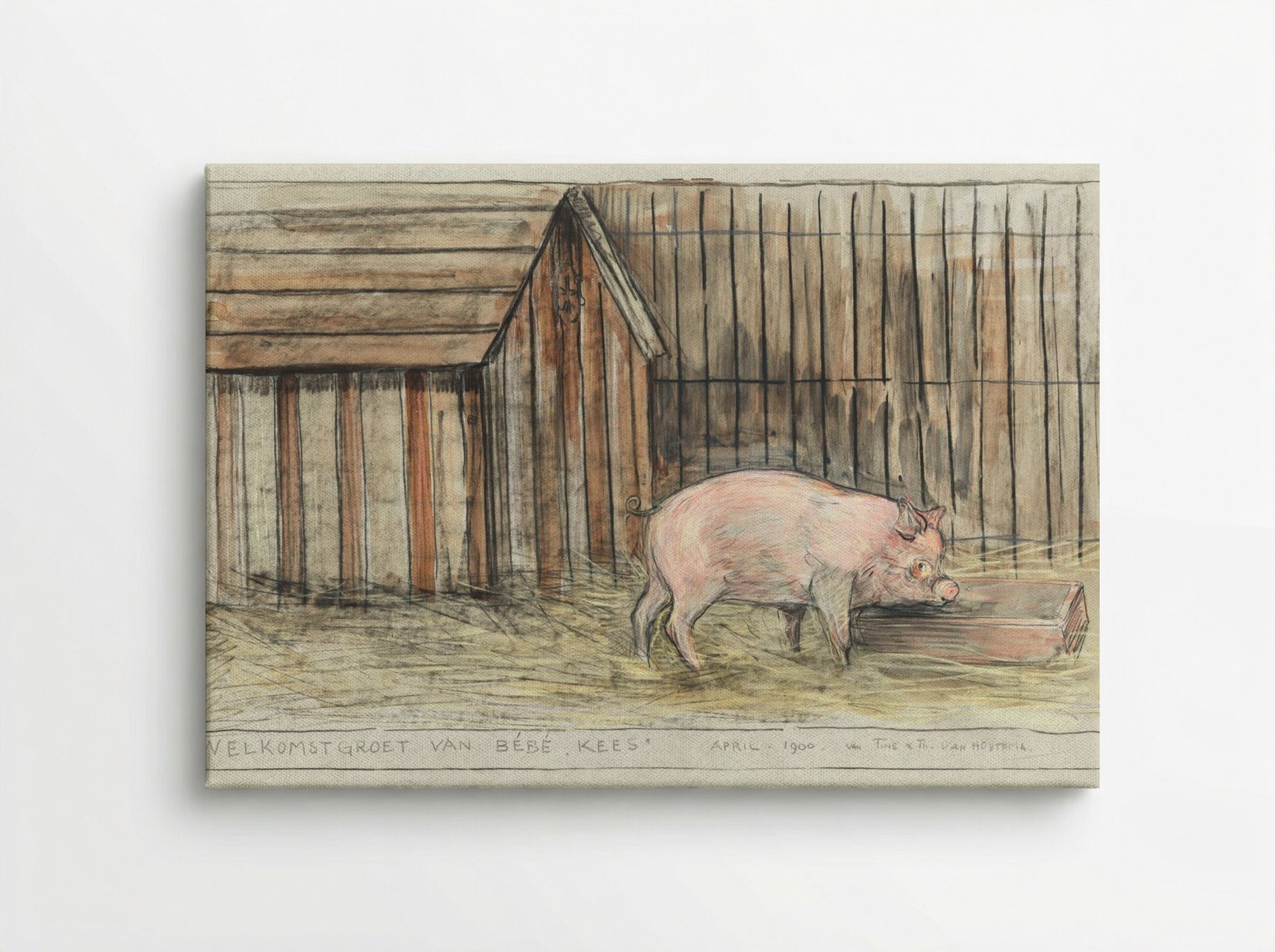 Varken Voor zijn kot bij een trog (Pig Before its Pen by a Trough) - Theo van Hoytema - Canvas