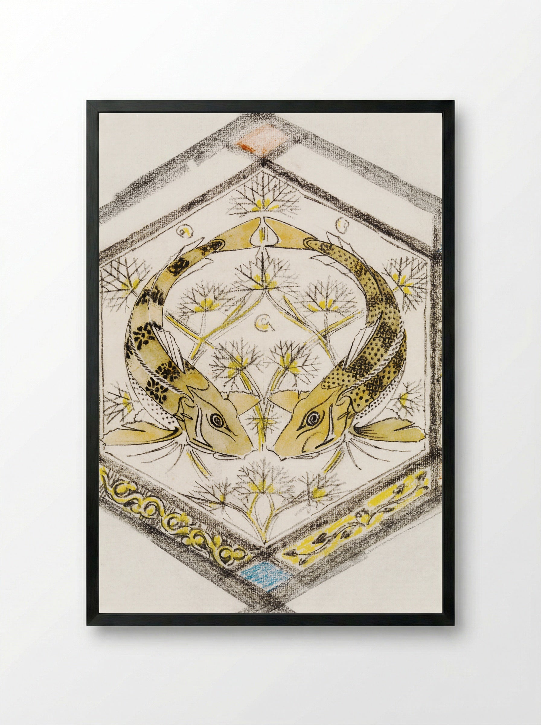 Decorative Design with Two Fish in a Hexagon - Gerrit Willem Dijsselhof - Framed Print Black