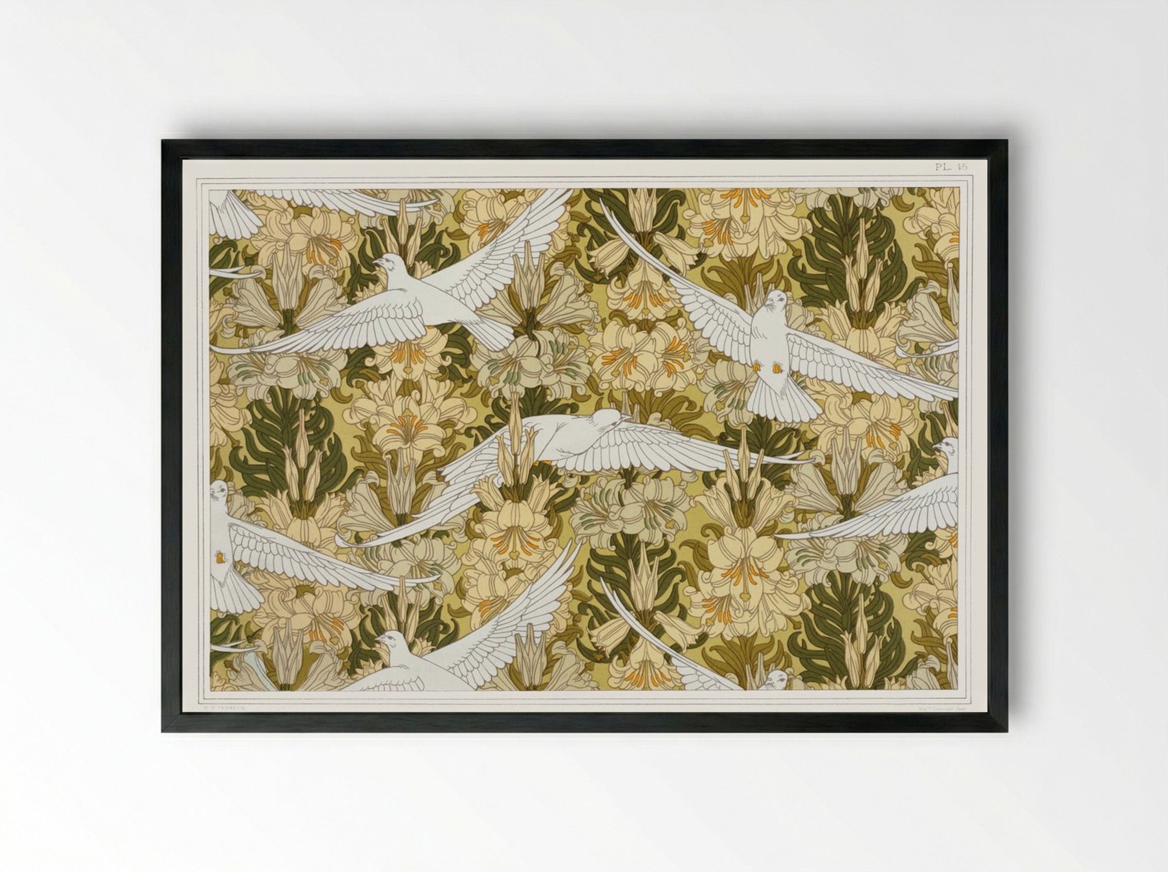 Colombes et Lis, Étoffe Imprimée (Doves and Lilies, Printed Fabric) - Maurice Pillard Verneuil - Framed Print Black