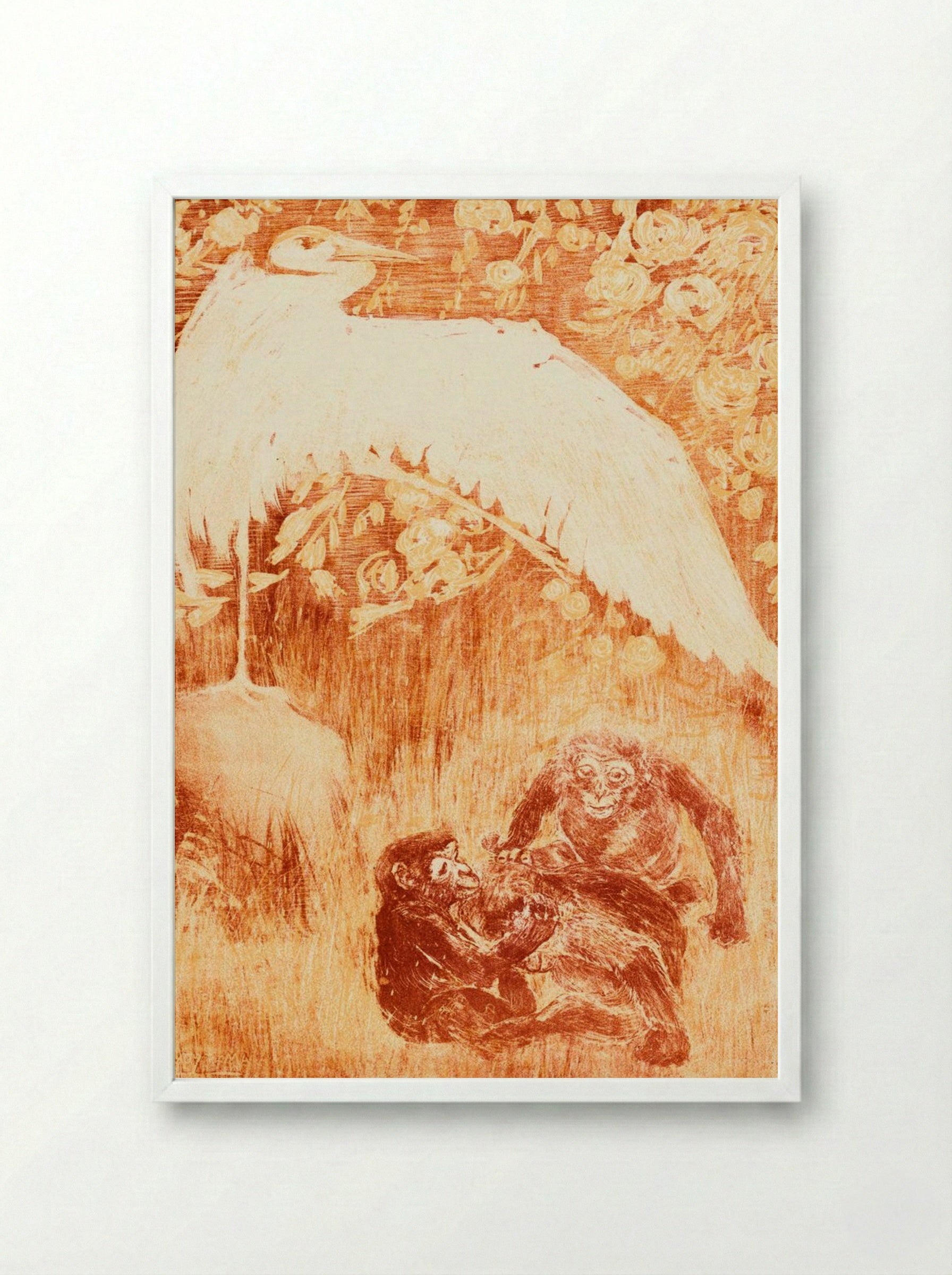 Reiger met drie apen (Heron with Three Monkeys) - Theo van Hoytema - Framed Print White