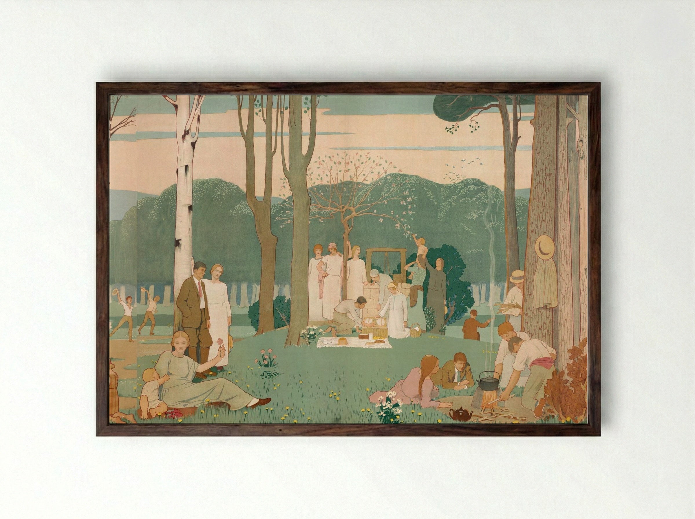 Men, Women, and Children at a Picnic in the Park - Fine Art Print - Framed Print Dark Wood