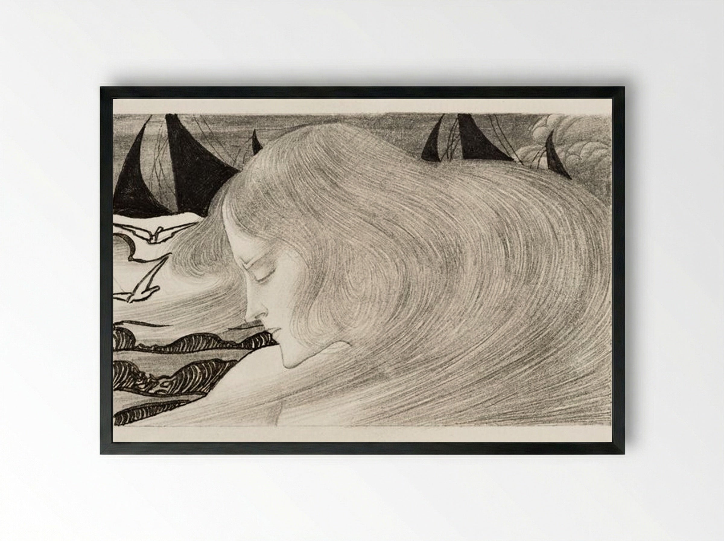 Young Woman with Wavy Hair in Front of a Sea with Ships - Jan Toorop - Framed Print Black