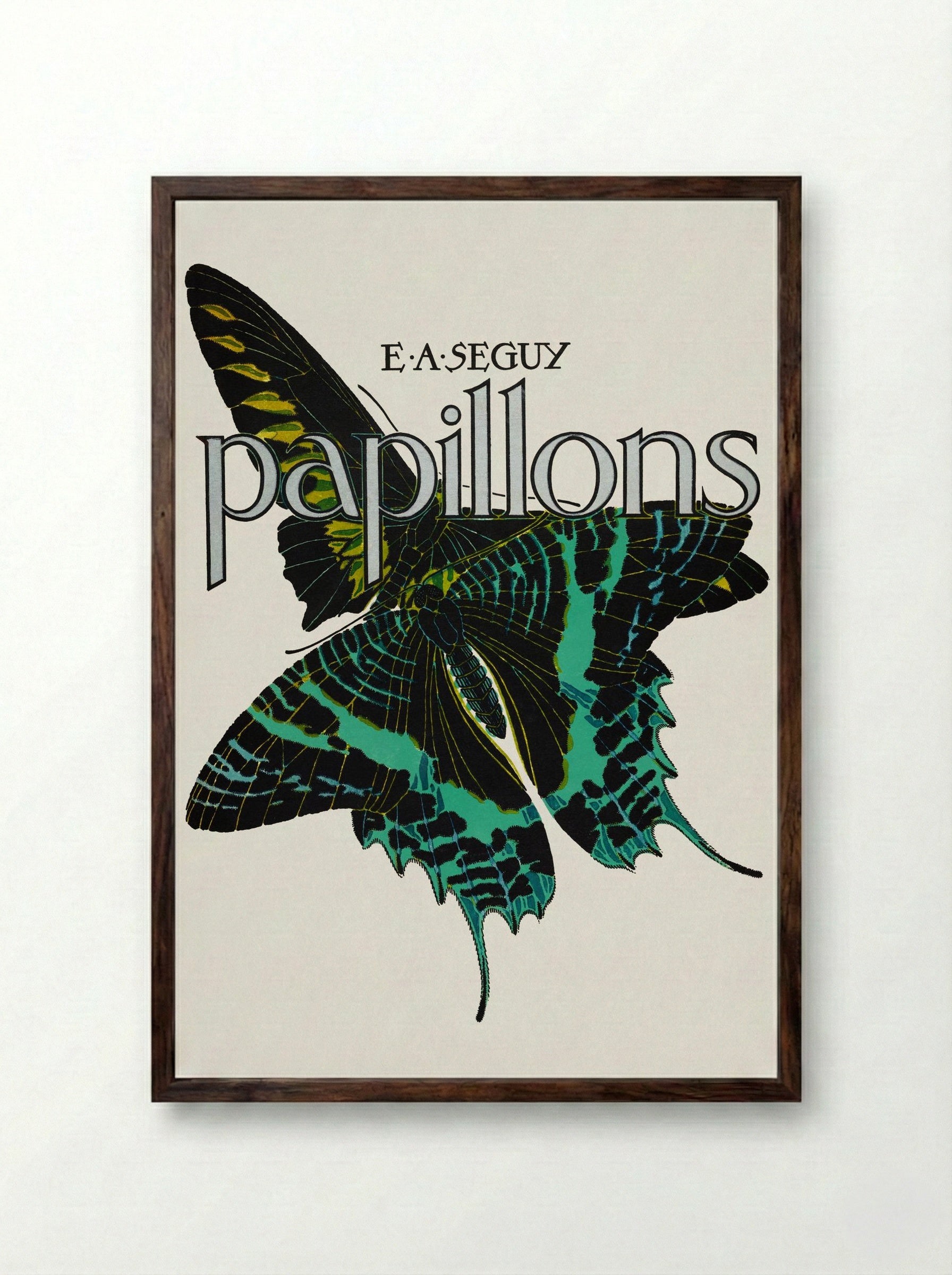 Papillons, Plate No. 1 (Teal and Black Butterfly) - Émile-Allain Séguy - Framed Print Dark Wood