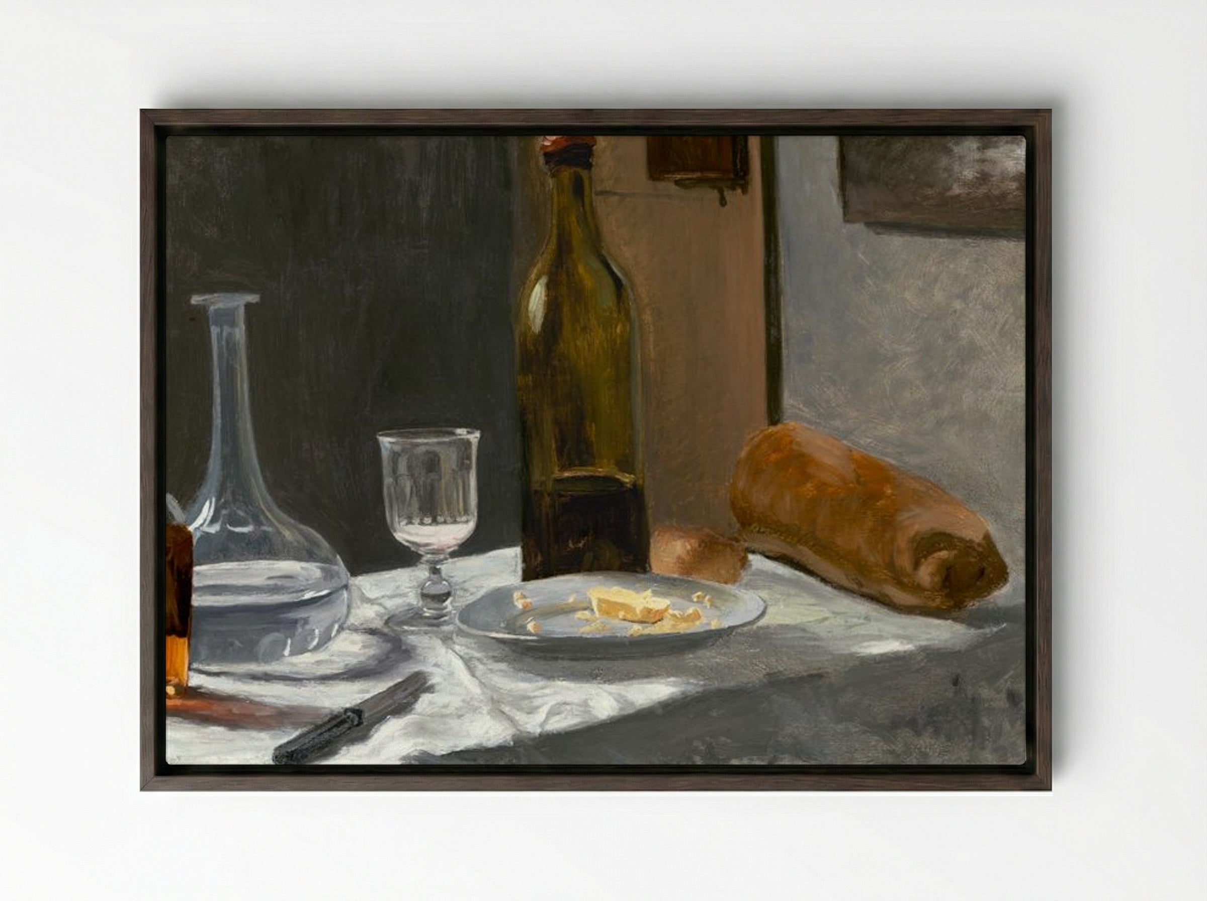 Still Life with Bottle, Carafe, Bread, and Wine - Claude Monet - Framed Canvas Dark Wood