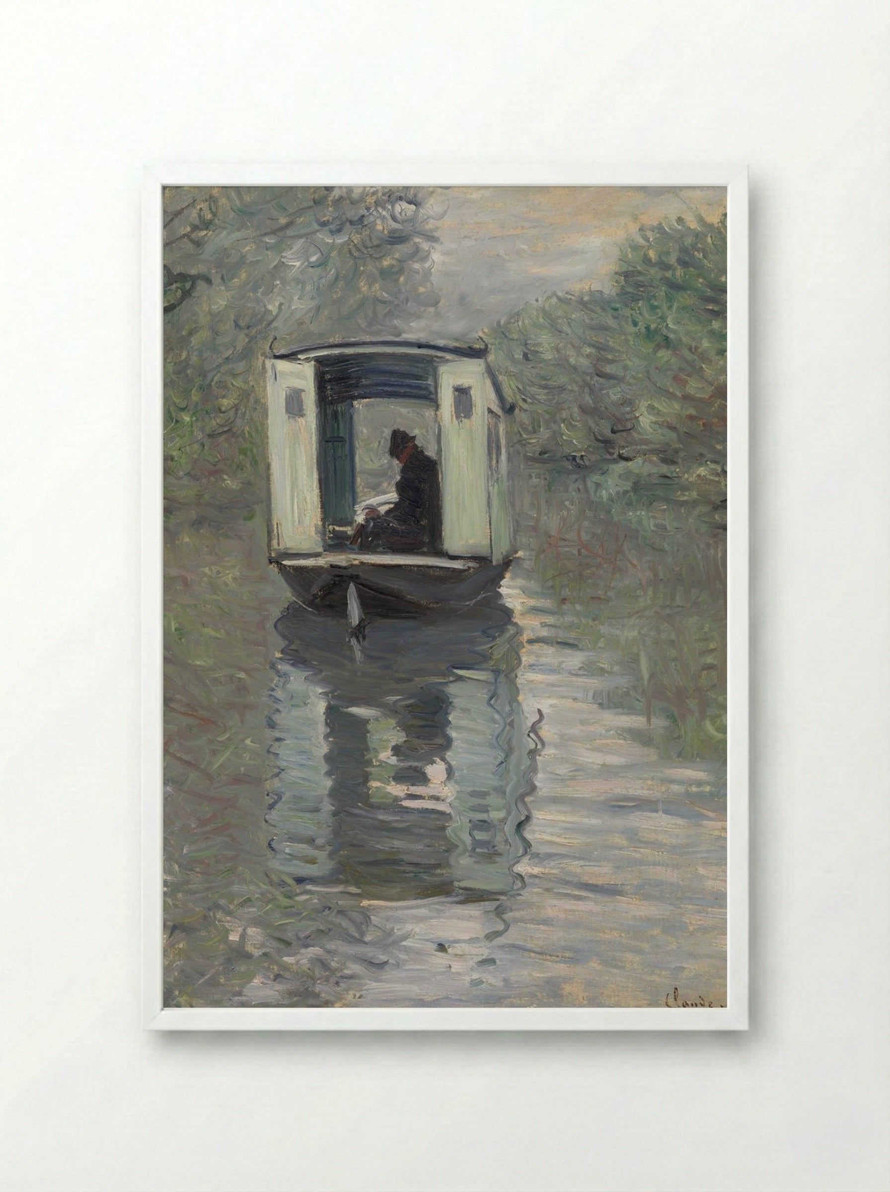 The Studio Boat (Le Bateau-atelier) - Claude Monet - Framed Print White