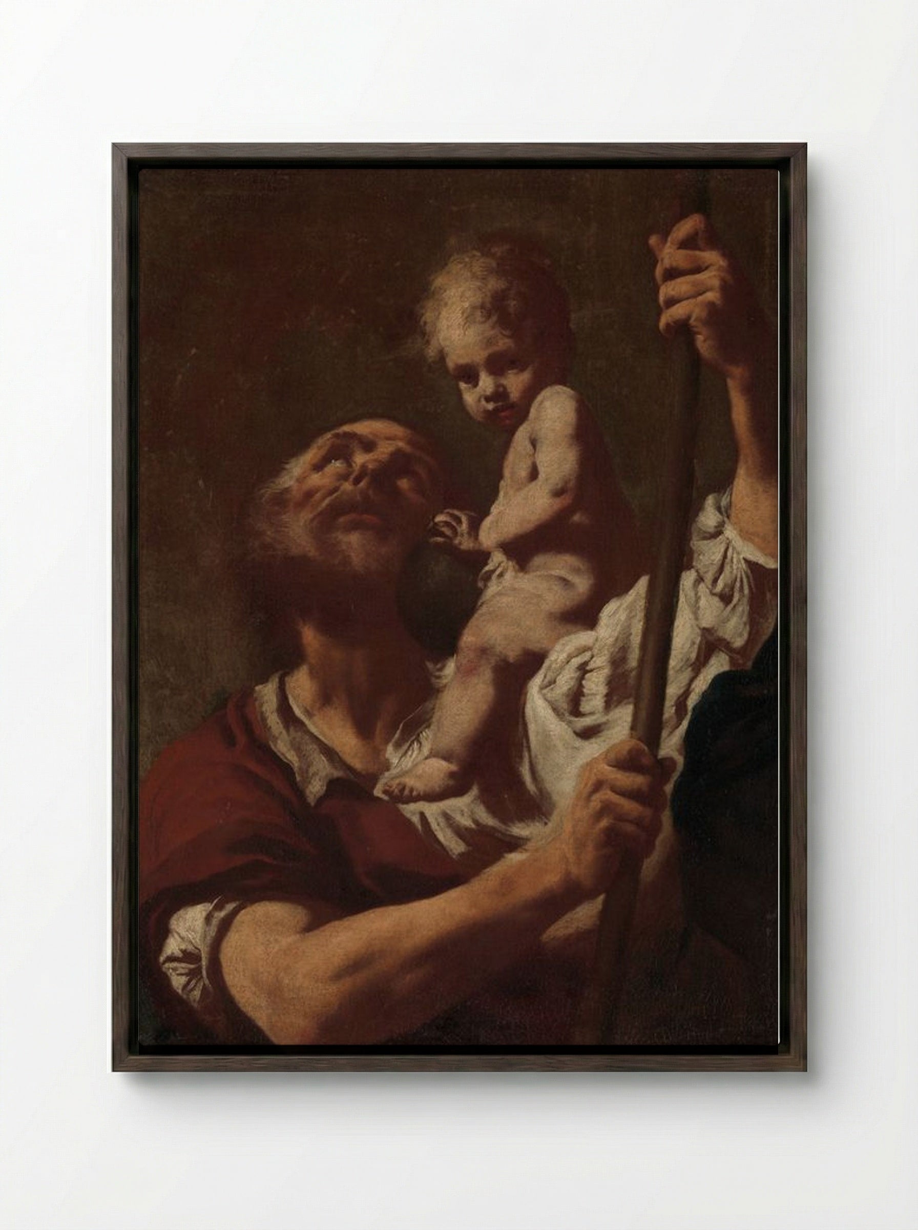Saint Christopher Carrying the Infant Christ - Giovanni Battista Piazzetta - Framed Canvas Dark Wood