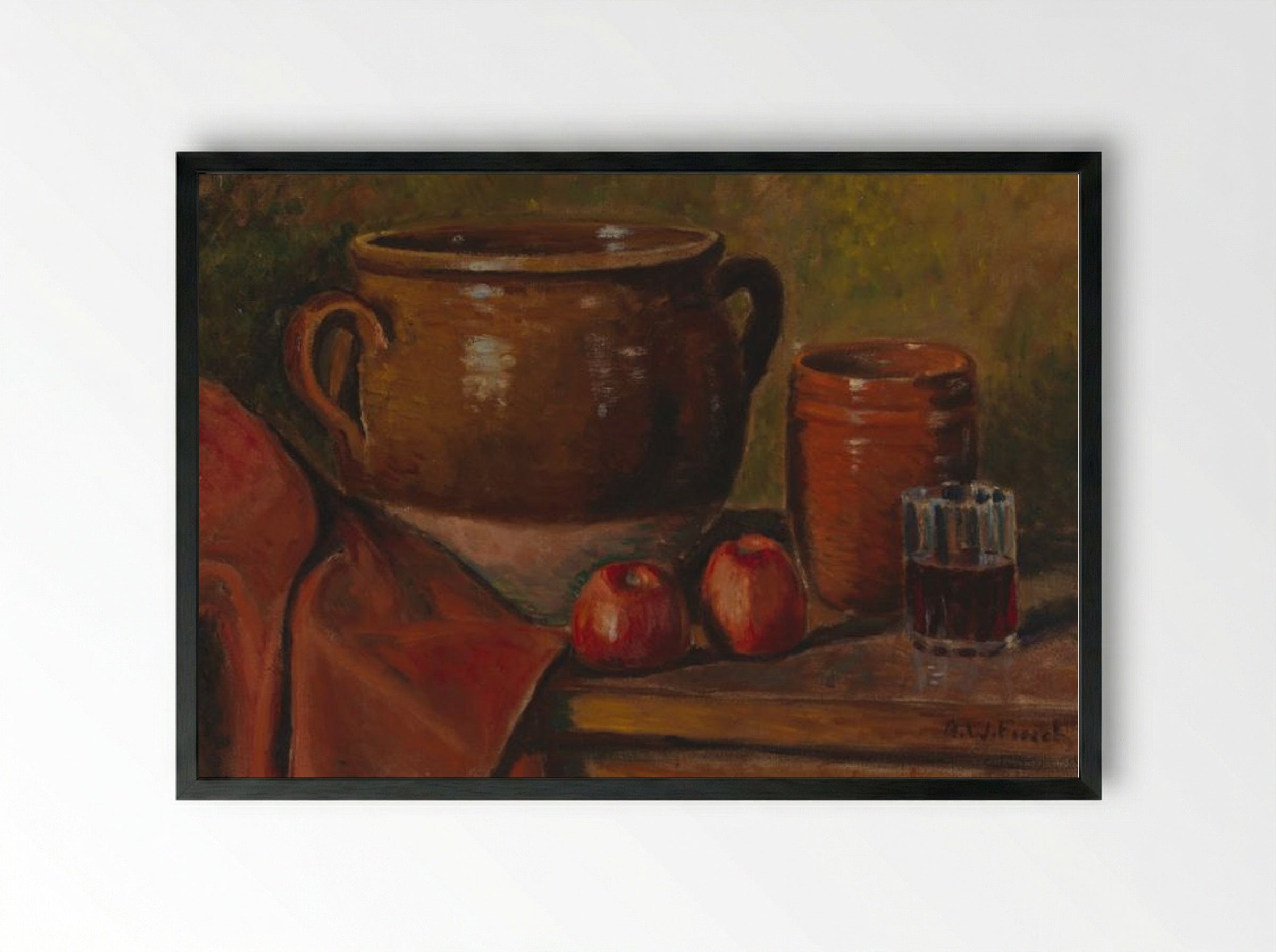 Still Life with Pottery and Apples - Alfred William Finch - Framed Print Black