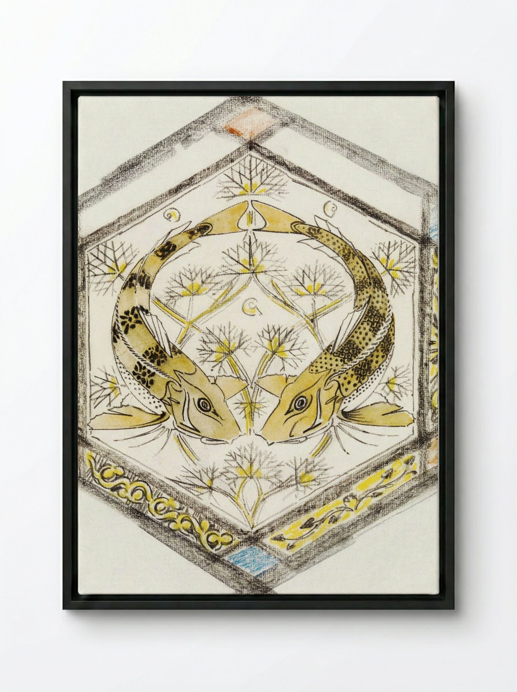 Decorative Design with Two Fish in a Hexagon - Gerrit Willem Dijsselhof - Framed Canvas Black