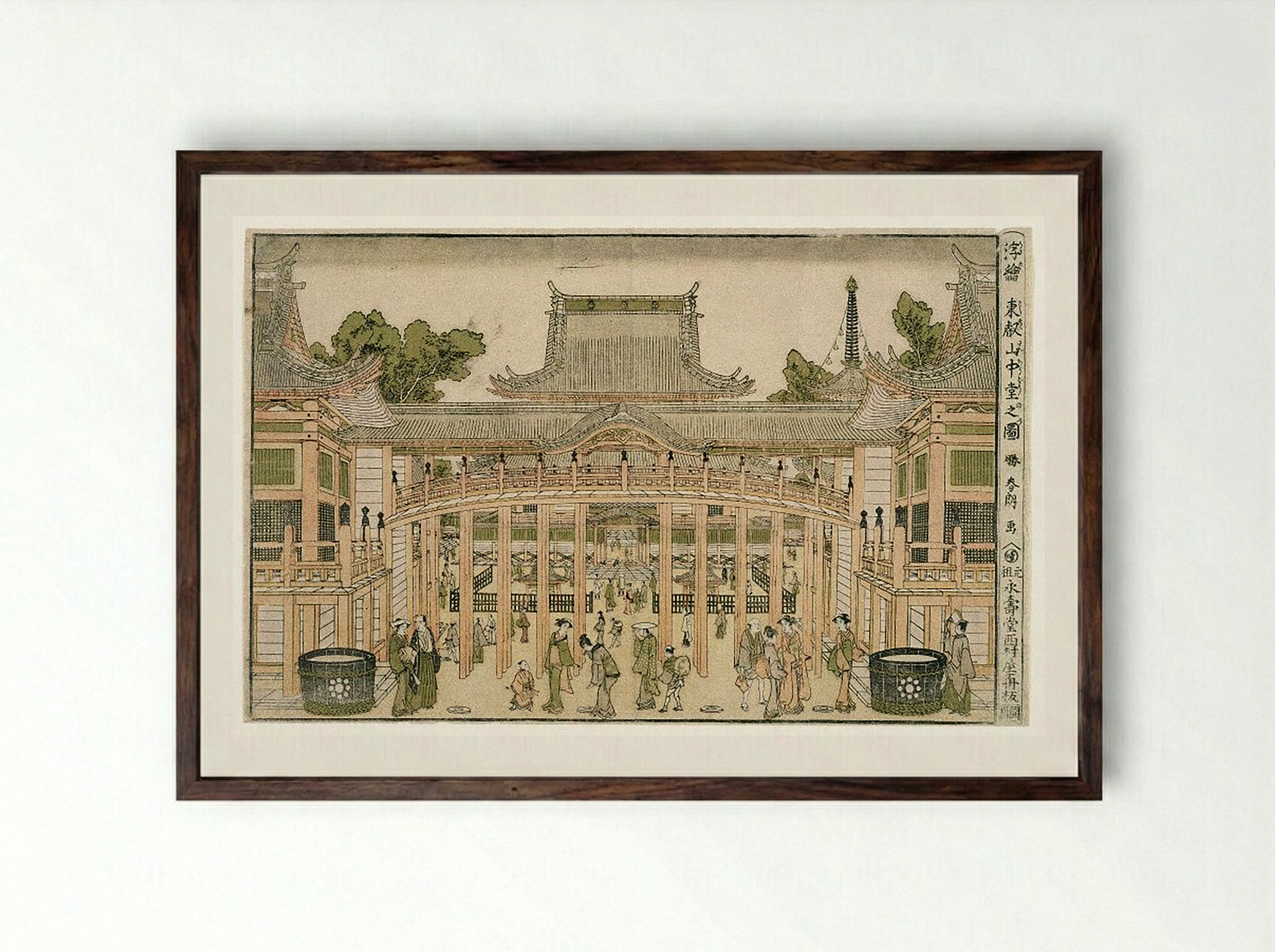 Inside the Courtyard of the Toeizan Temple at Ueno - Utagawa Toyoharu - Framed Print Dark Wood