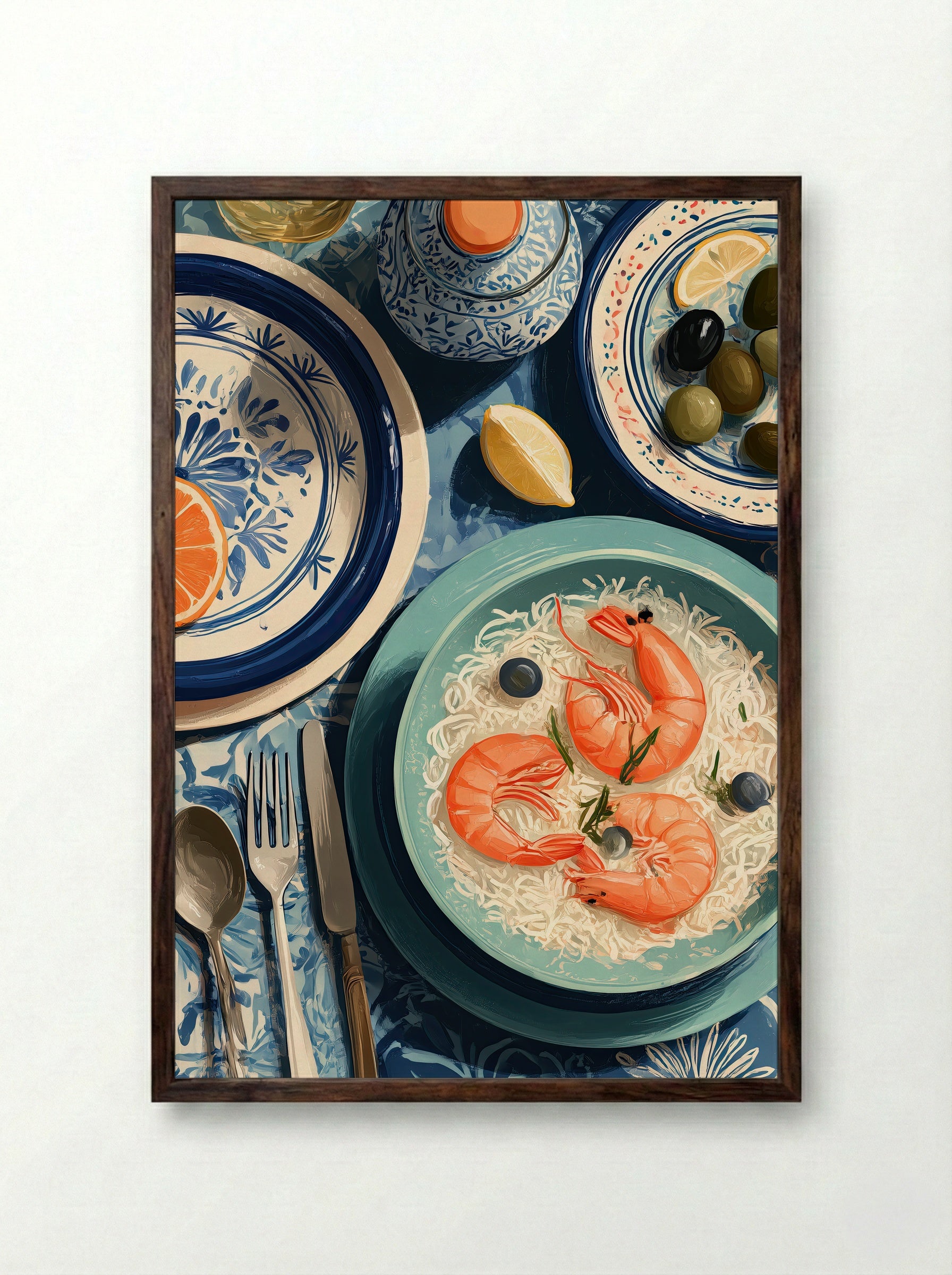 Mediterranean Table Seafood Still Life Art Print - Framed Print Dark Wood