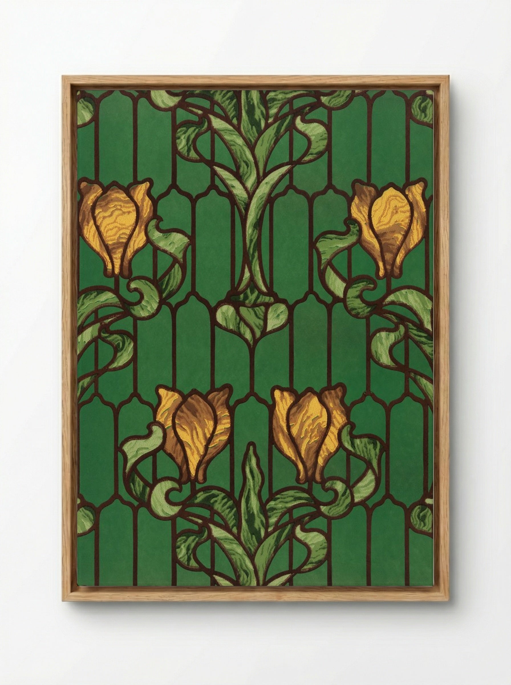 Flower Patterned Stained Glass (Yellow Tulip with Green Foliage) - Fine Art Print - Framed Canvas Wood