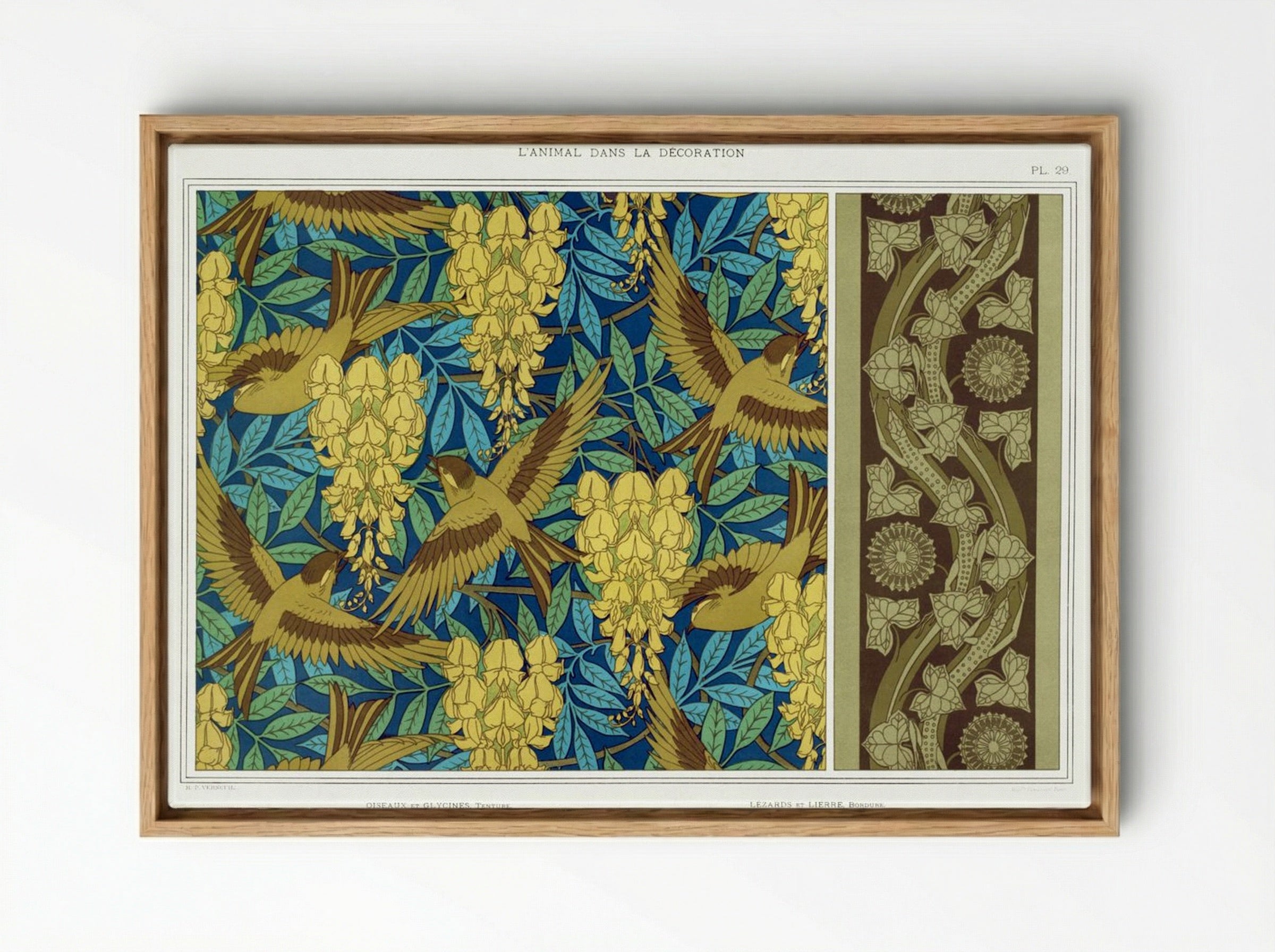 Oiseaux et Glycines, Tenture; Lézards et Lierre, Bordure - Maurice Pillard Verneuil - Framed Canvas Wood