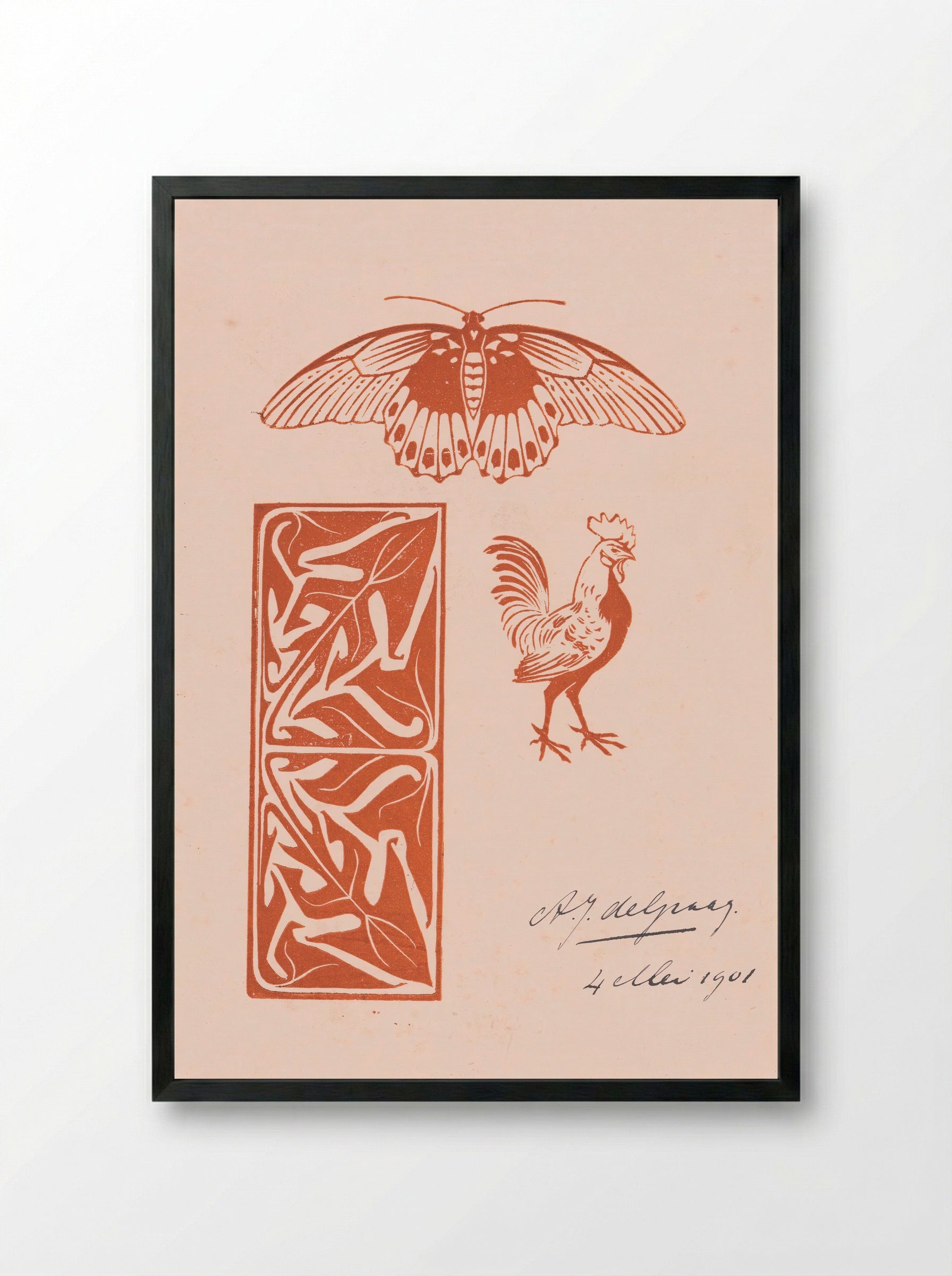 Butterfly, Rooster and Leaf Ornament - Julie de Graag - Framed Print Black