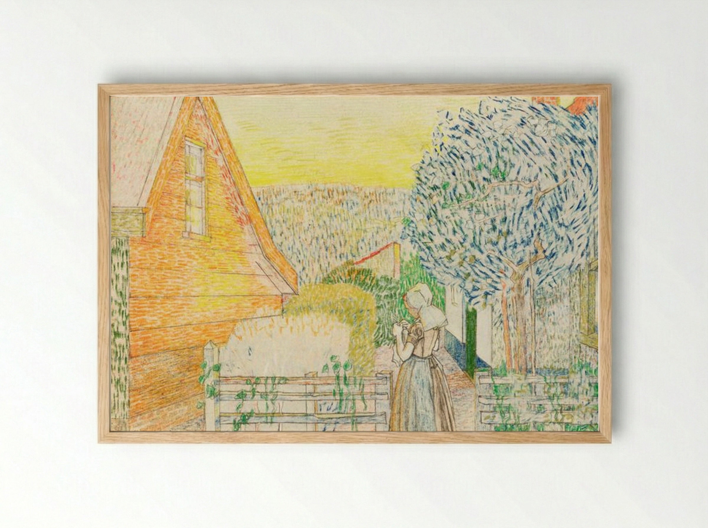 Zeeland Girl Knitting in a Courtyard - Jan Toorop - Framed Print Wood