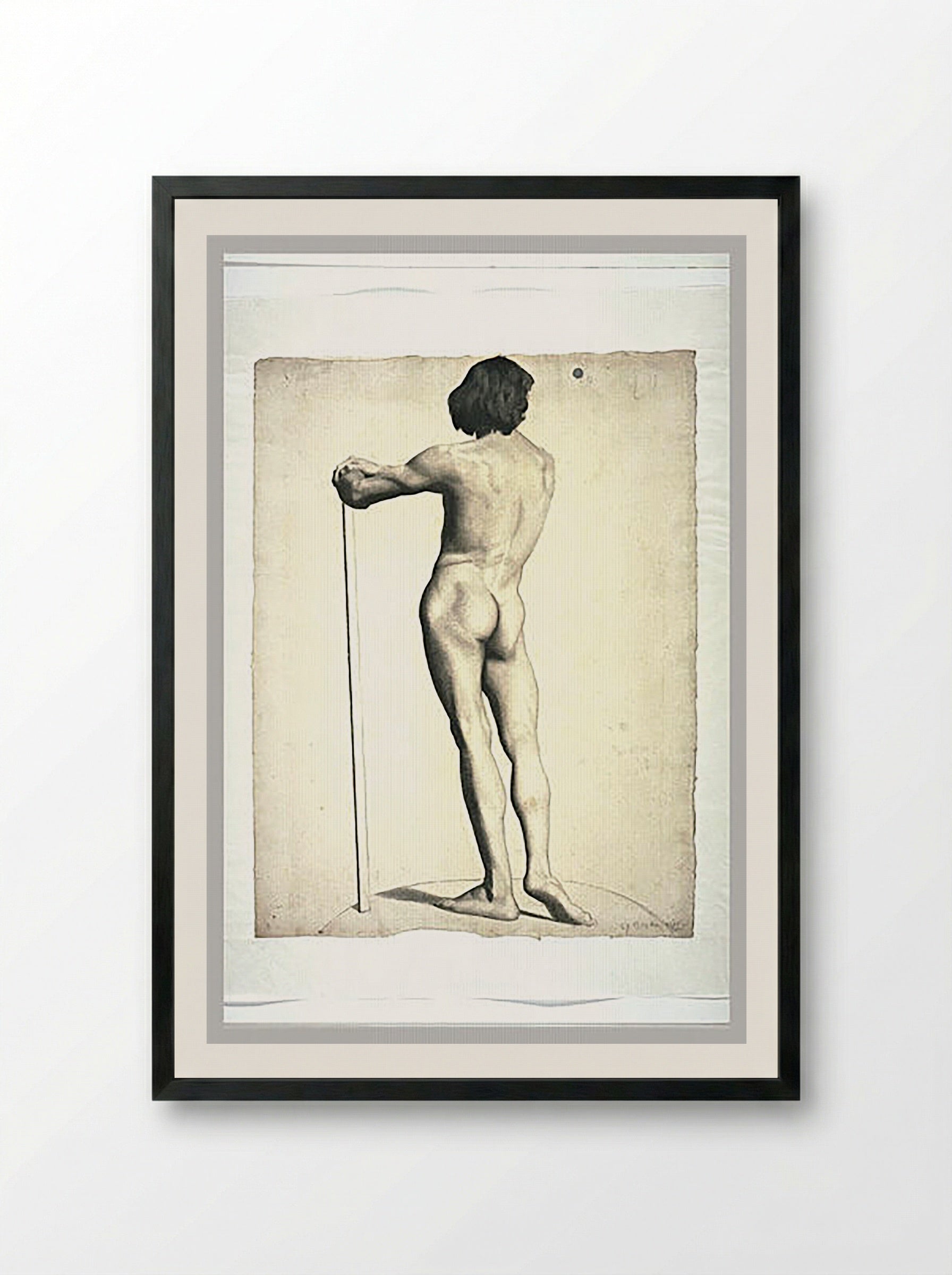Study of a Male Nude, Rear View (Standing Figure with Staff) - Fine Art Print - Framed Print Black