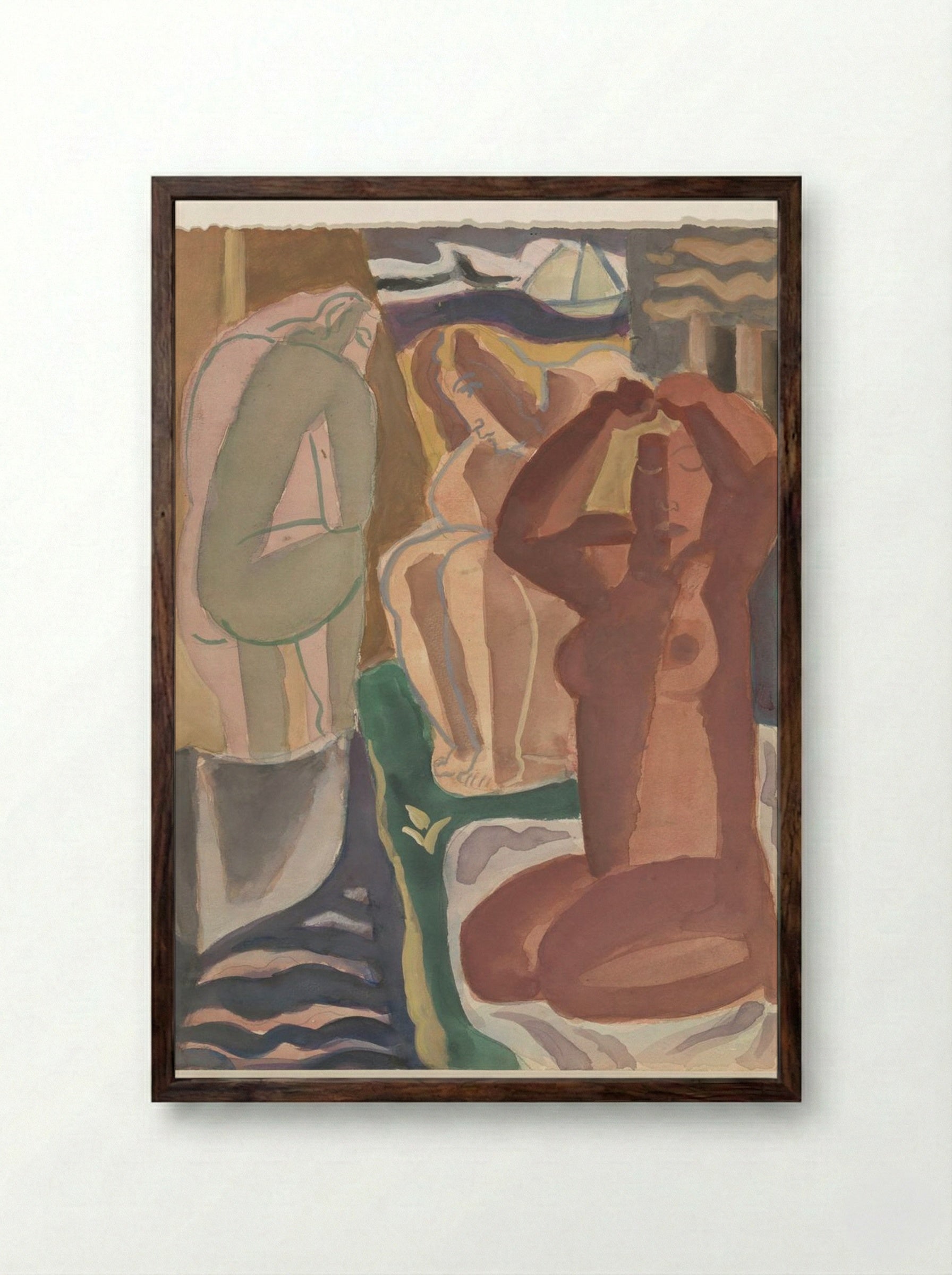 Two Bathing Women and a Figure from the Back - Leo Gestel - Framed Print Dark Wood