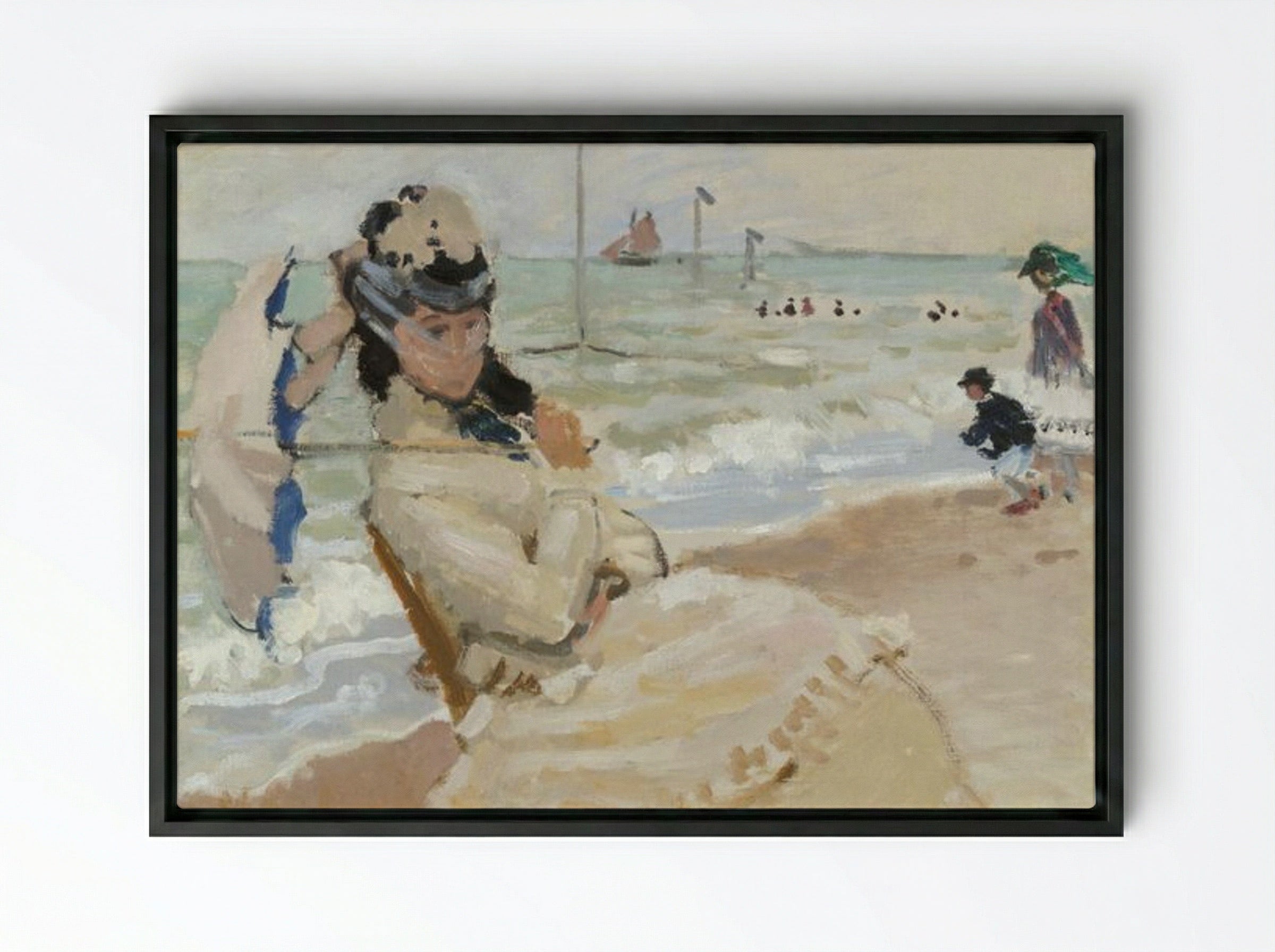 Camille on the Beach in Trouville - Claude Monet - Framed Canvas Black