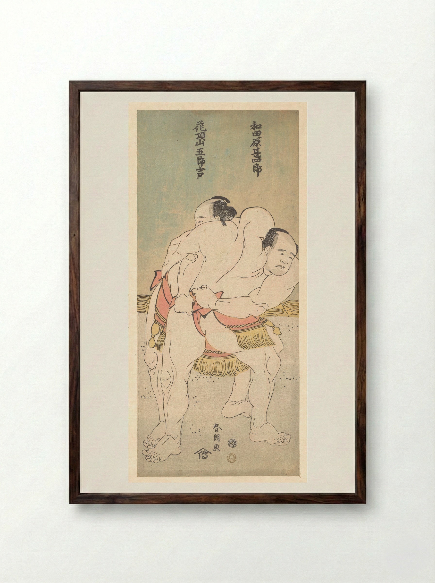The Sumo Wrestlers Wadagahara Jinshirō and Kachōzan Gorokichi - Katsushika Hokusai - Framed Print Dark Wood
