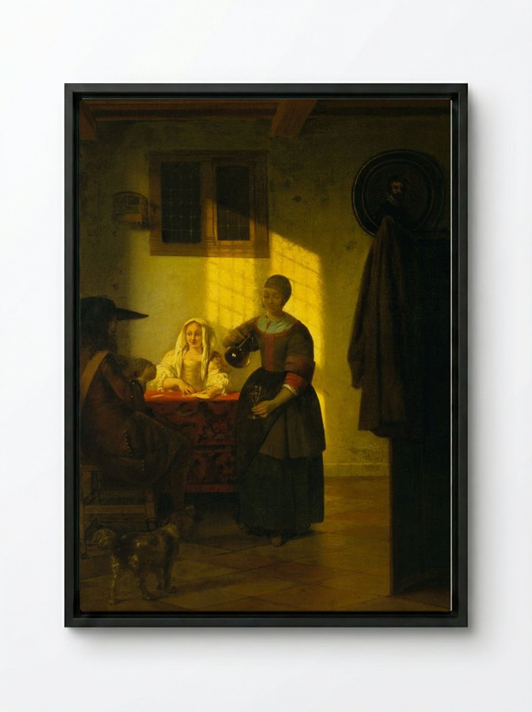 A Couple Playing Cards, with a Serving Woman - Pieter de Hooch - Framed Canvas Black