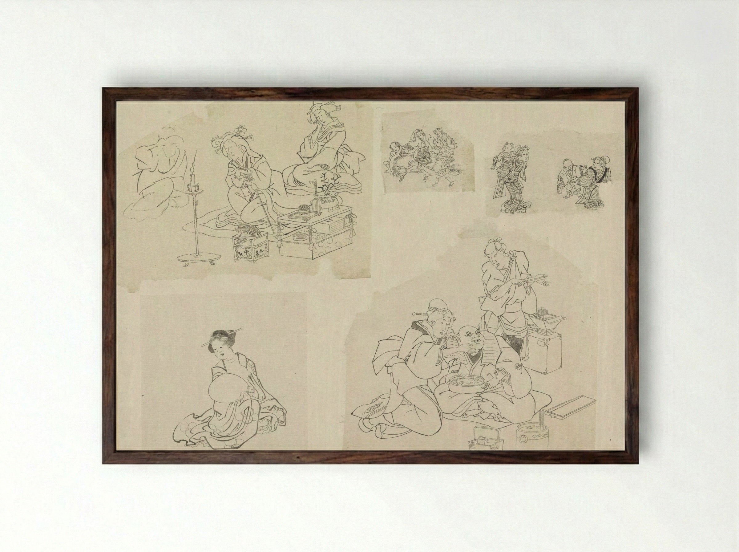 Five Sketches of People in Various Situations - Katsushika Hokusai - Framed Print Dark Wood