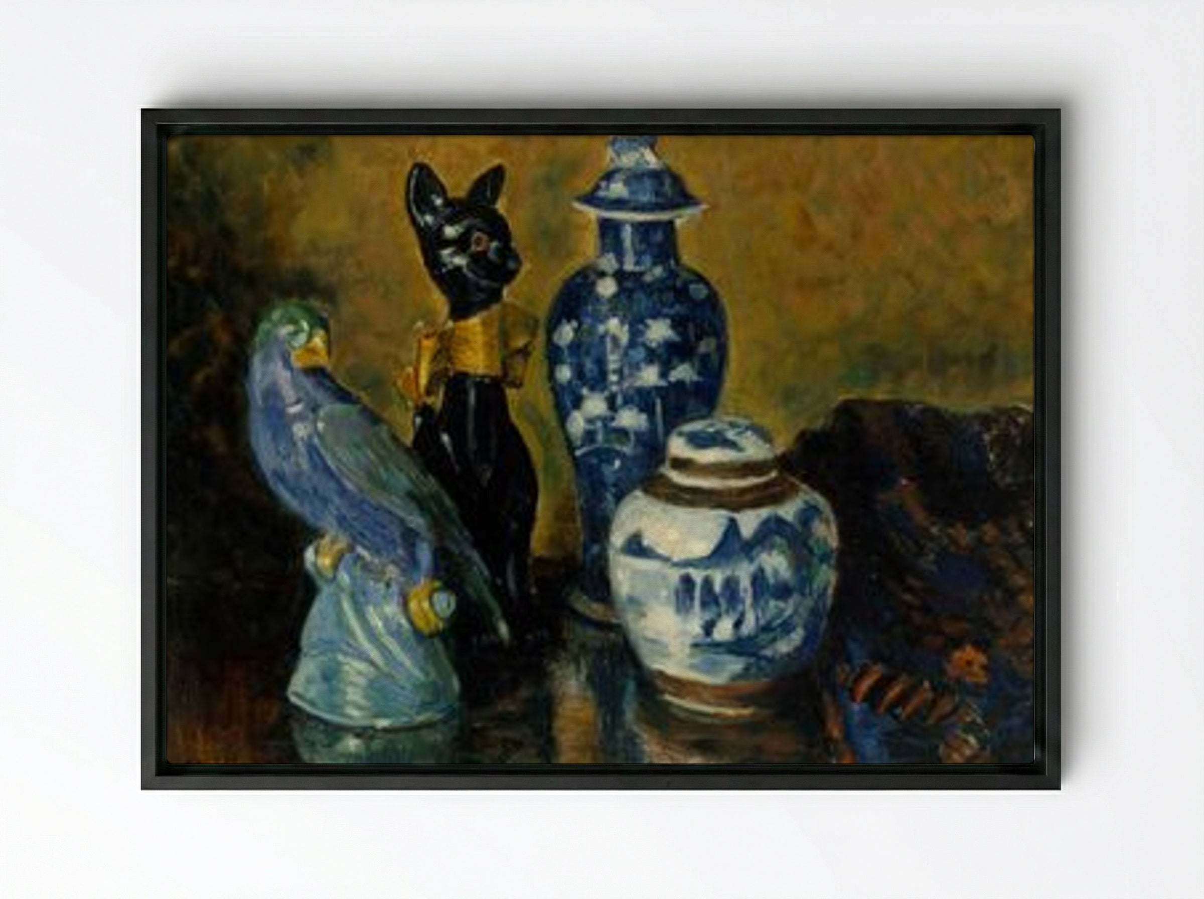 Still Life with Blue Figurines - Alfred William Finch - Framed Canvas Black
