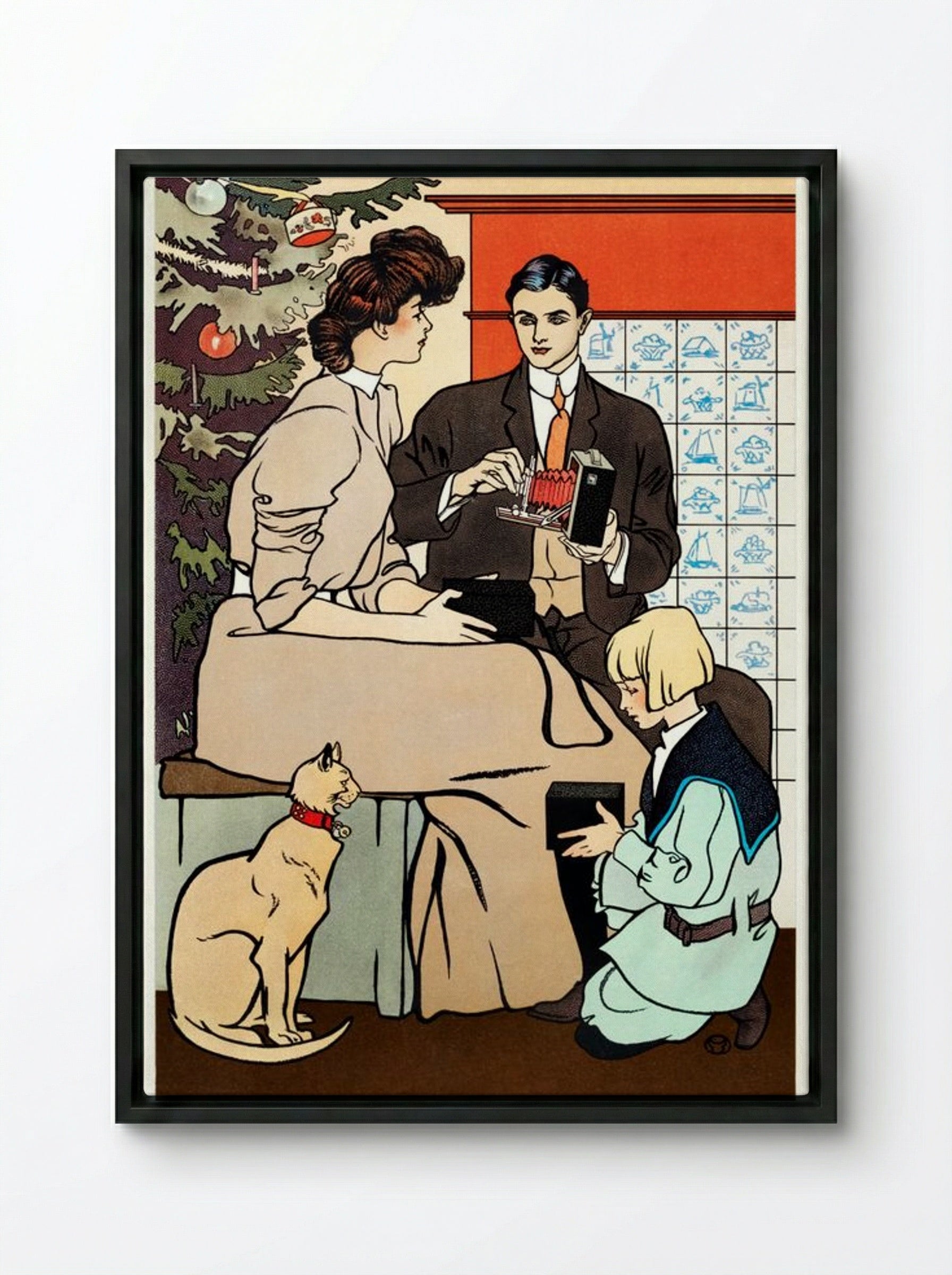 Vintage Christmas Morning (Family Scene with Camera) - Edward Penfield - Framed Canvas Black