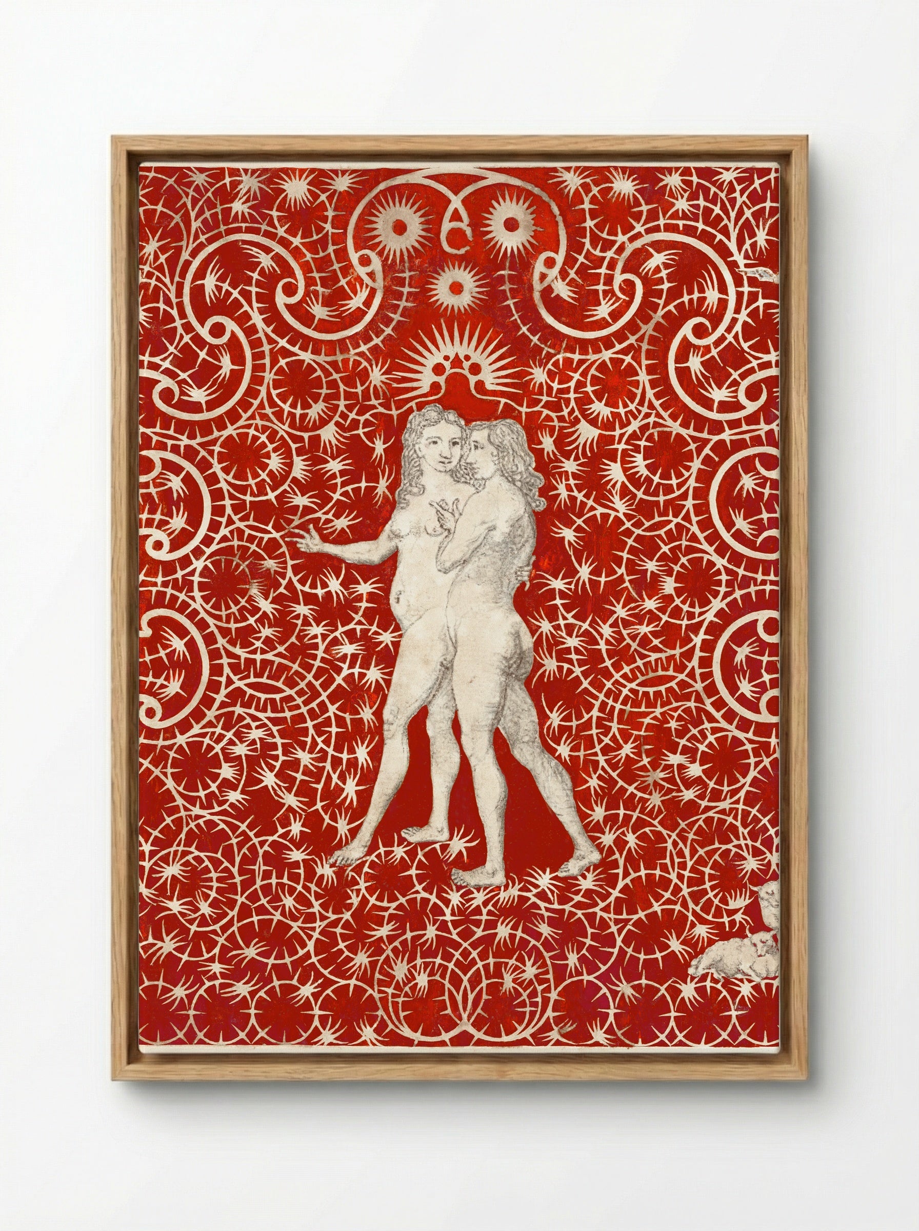 Adam and Eve in the Garden with a Pair of Sheep and a Pair of Doves - British 18th Century - Framed Canvas Wood