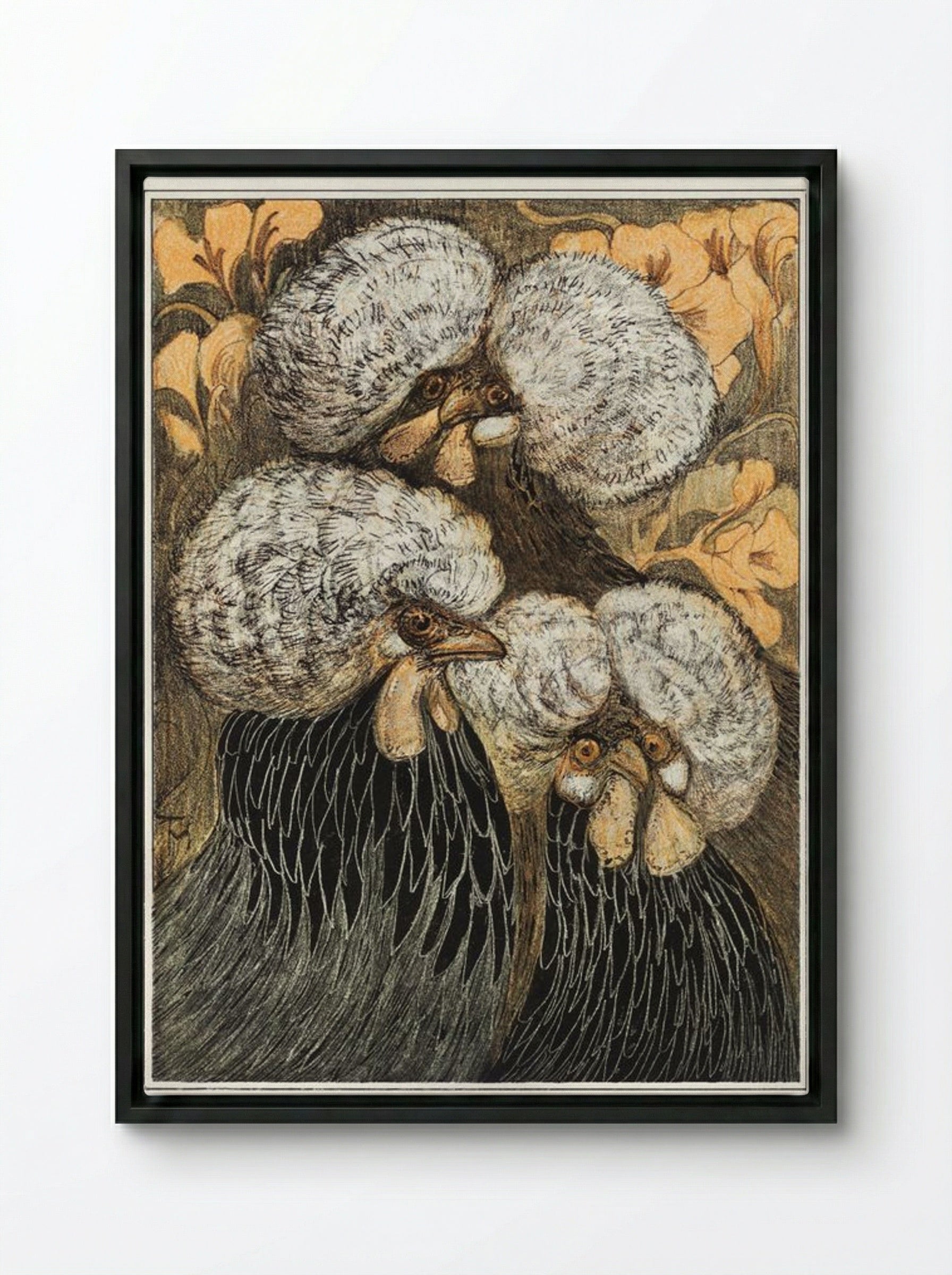 Drie kuifkippen (Three Crested Chickens) - Theo van Hoytema - Framed Canvas Black
