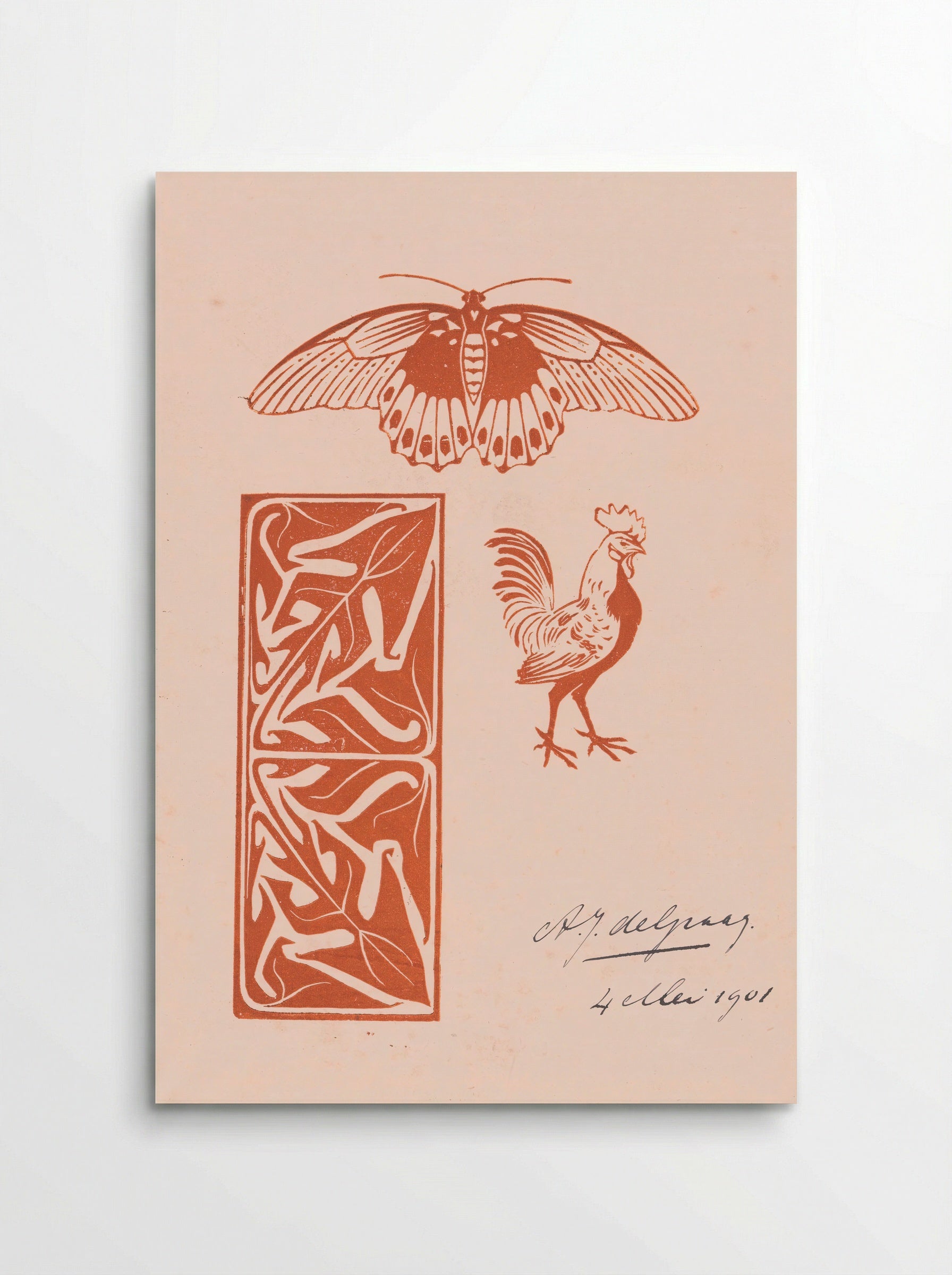 Butterfly, Rooster and Leaf Ornament - Julie de Graag - Poster