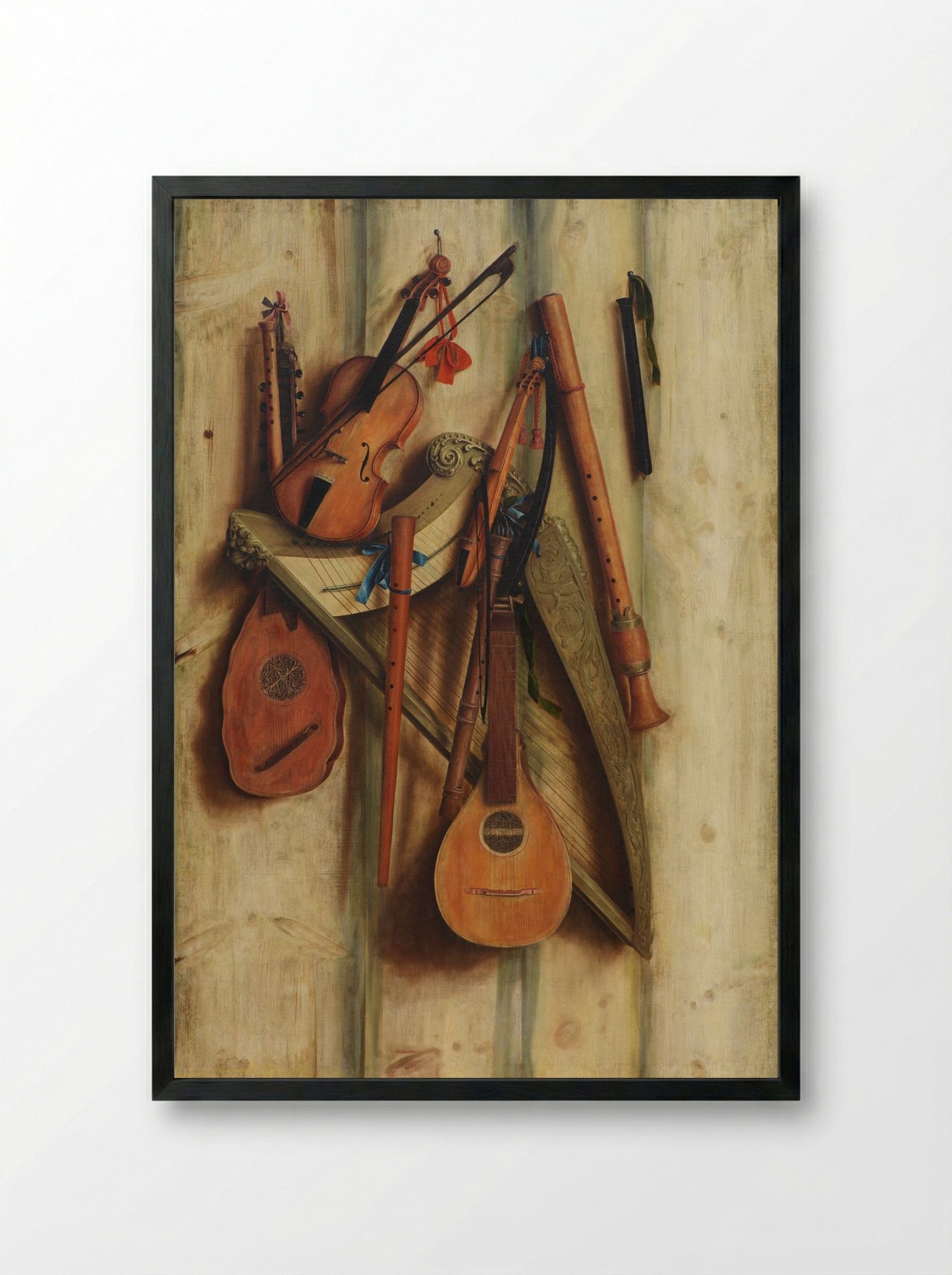 Board Wall with Musical Instruments (Trompe l'Oeil) - Franciscus Gijsbrechts - Framed Print Black