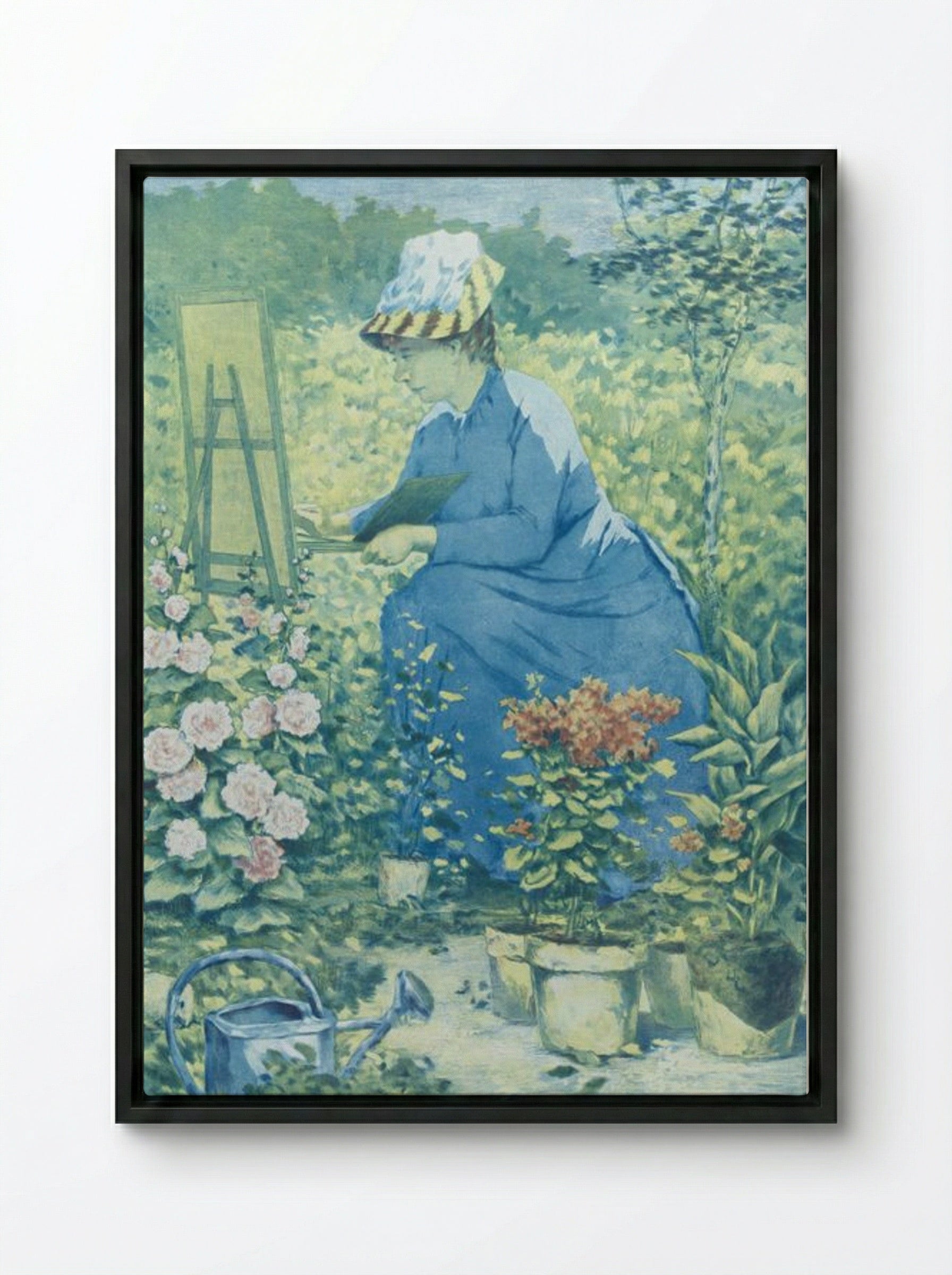 Jeanne Gonzales Painting in the Garden - Henri-Charles Guérard - Framed Canvas Black