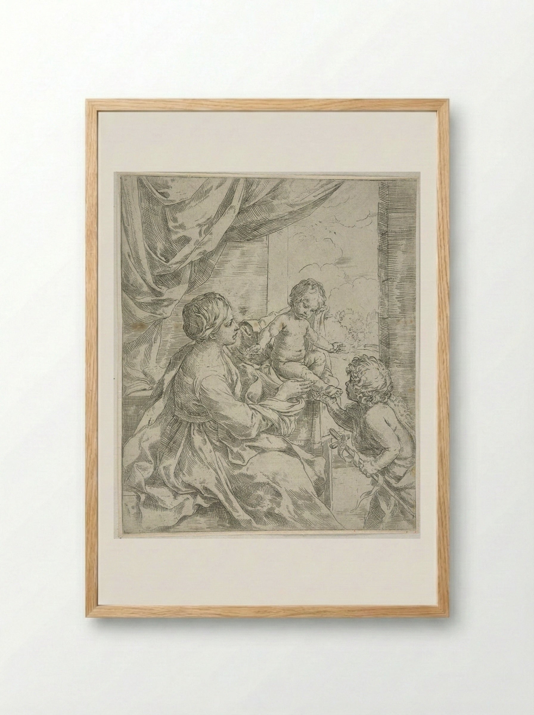 Madonna and Child at a Table with Saint John the Baptist - Guido Reni - Framed Print Wood