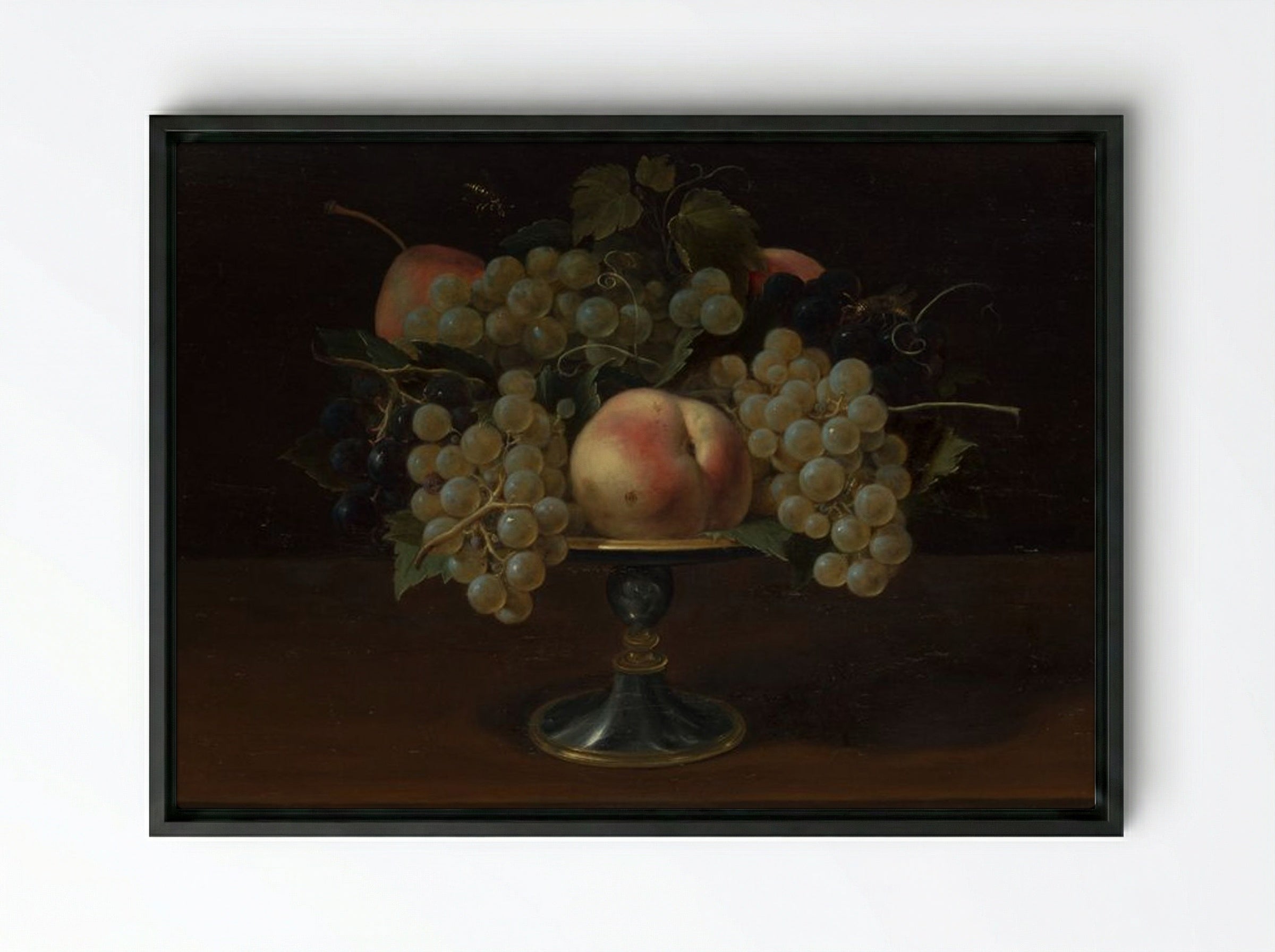Still Life of Grapes and Peaches - Fine Art Print - Framed Canvas Black