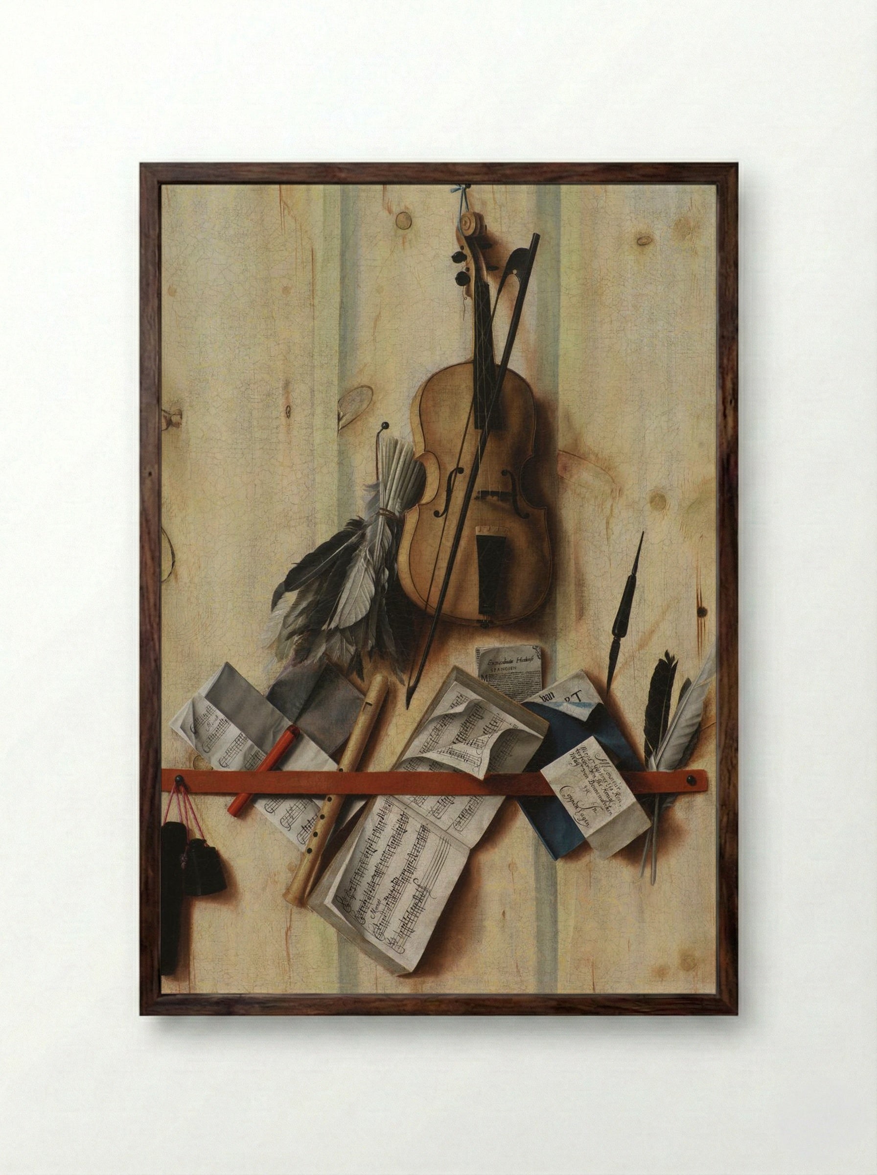 Trompe l'oeil with violin, sheet music and recorder - Cornelis Norbertus Gysbrechts - Framed Print Dark Wood