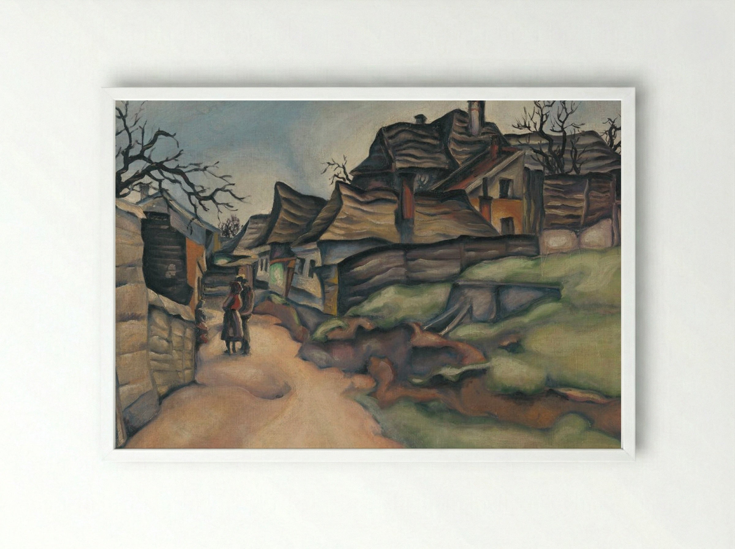 Houses in the Village with Figures - Konstantin Bauer - Framed Print White