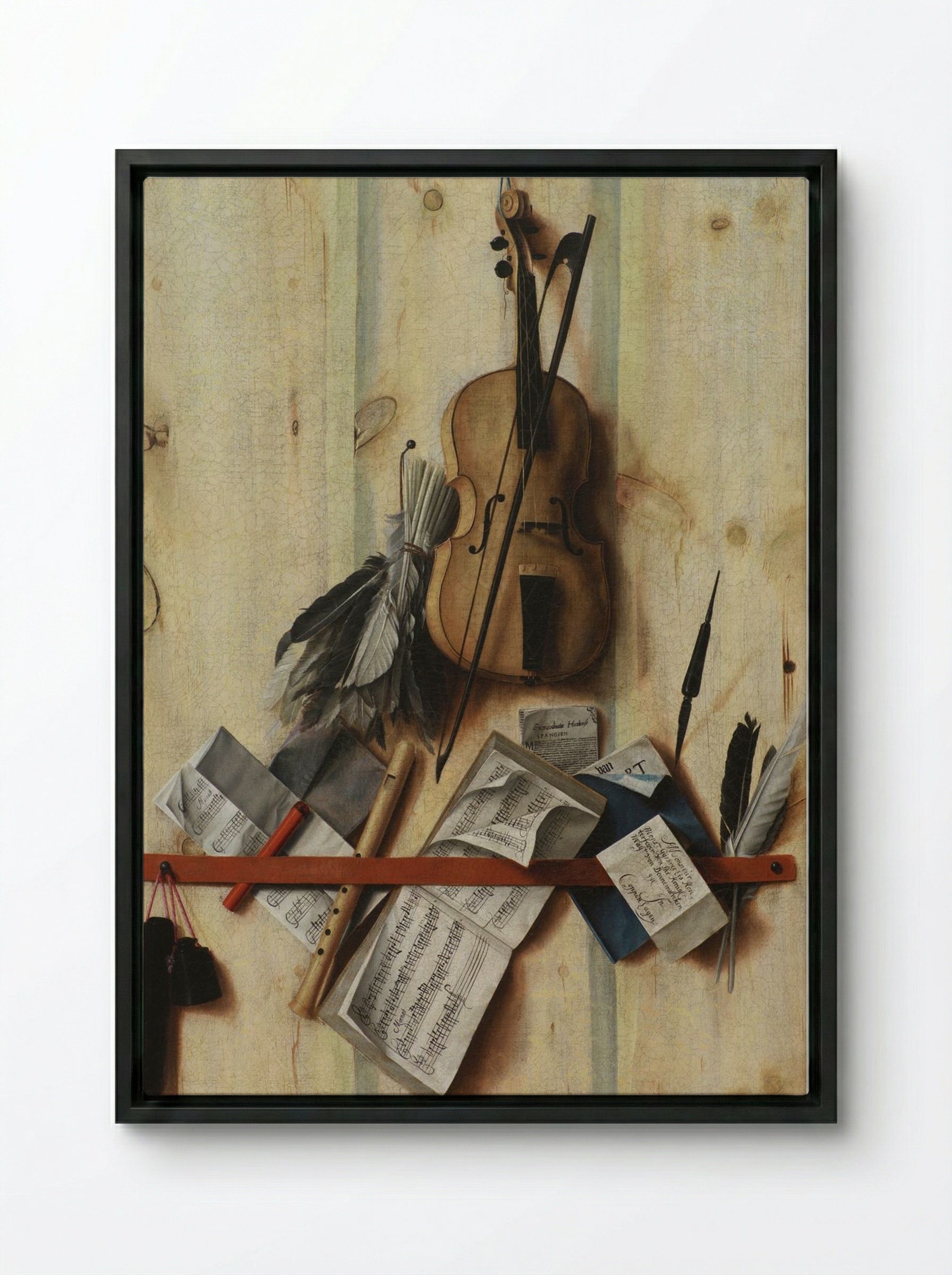 Trompe l'oeil with violin, sheet music and recorder - Cornelis Norbertus Gysbrechts - Framed Canvas Black
