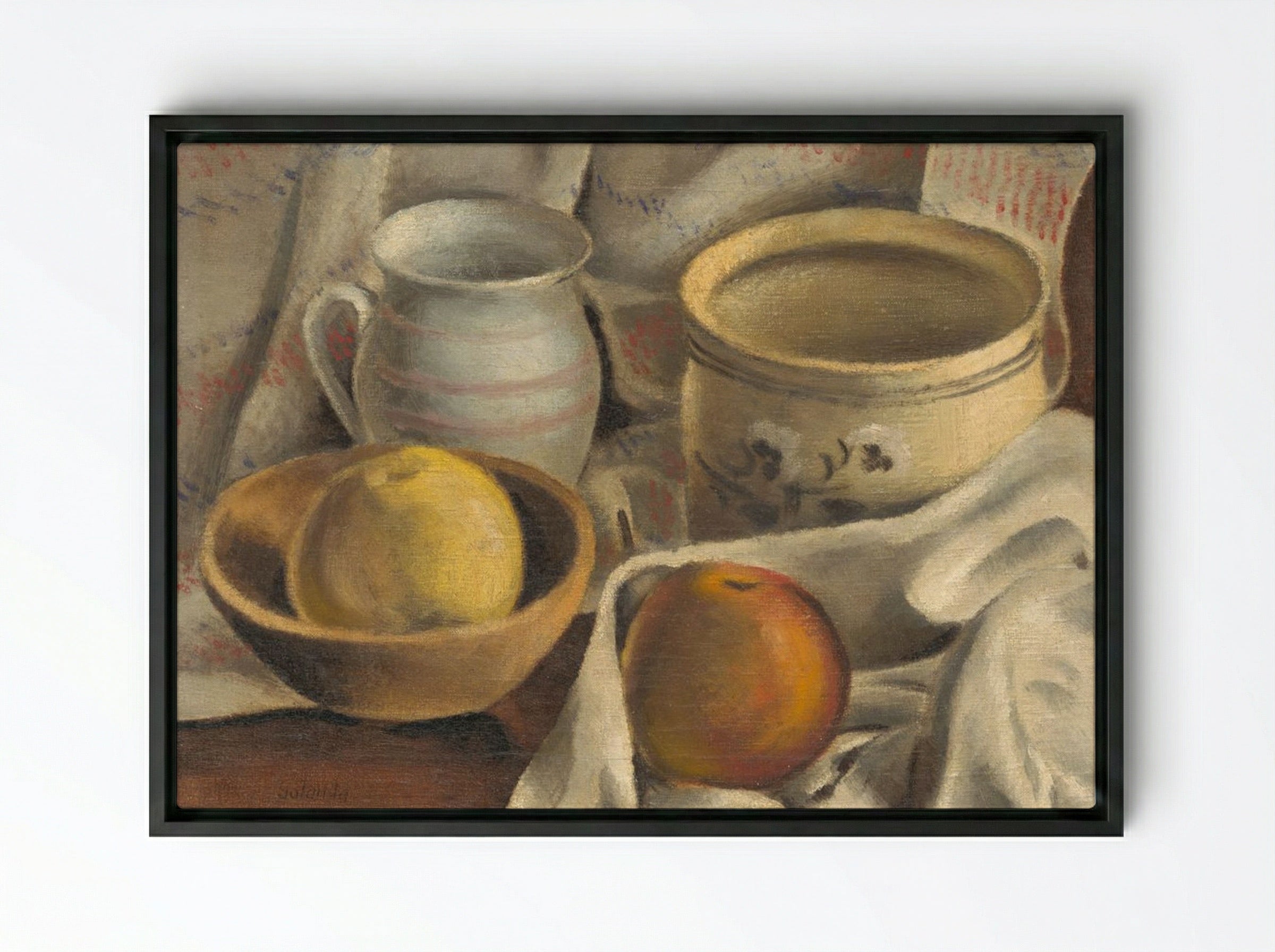 Still Life with Ceramic Pots and Apples - Mikuláš Galanda - Framed Canvas Black