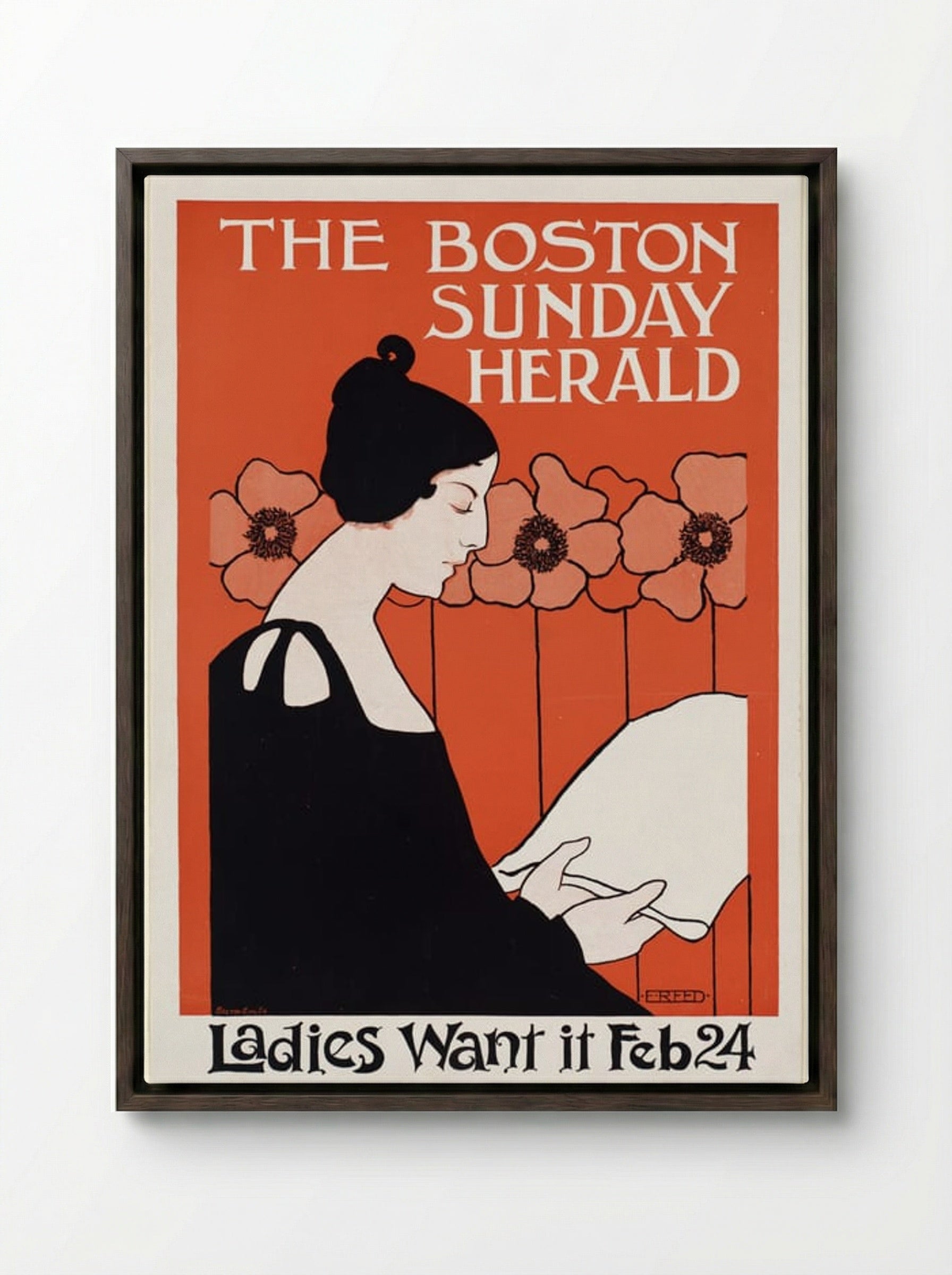 The Boston Sunday Herald, Ladies Want It Feb 24 - Ethel Reed - Framed Canvas Dark Wood
