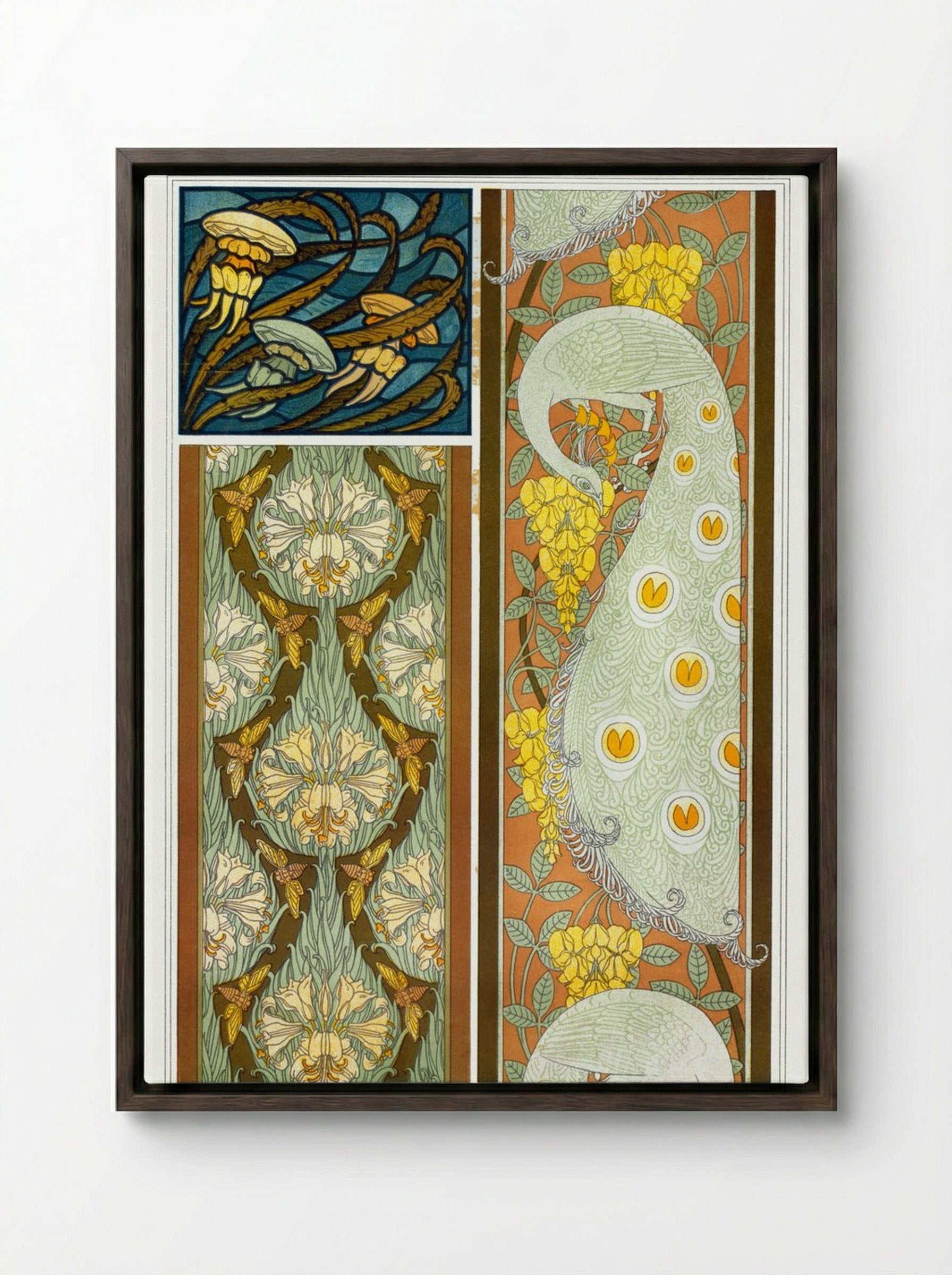 Meduses et Algues, Vitrail. Cigales et Lis, Paons et Cytise, Bordures (Plate 17 from L'animal dans la décoration) - Maurice Pillard Verneuil - Framed Canvas Dark Wood