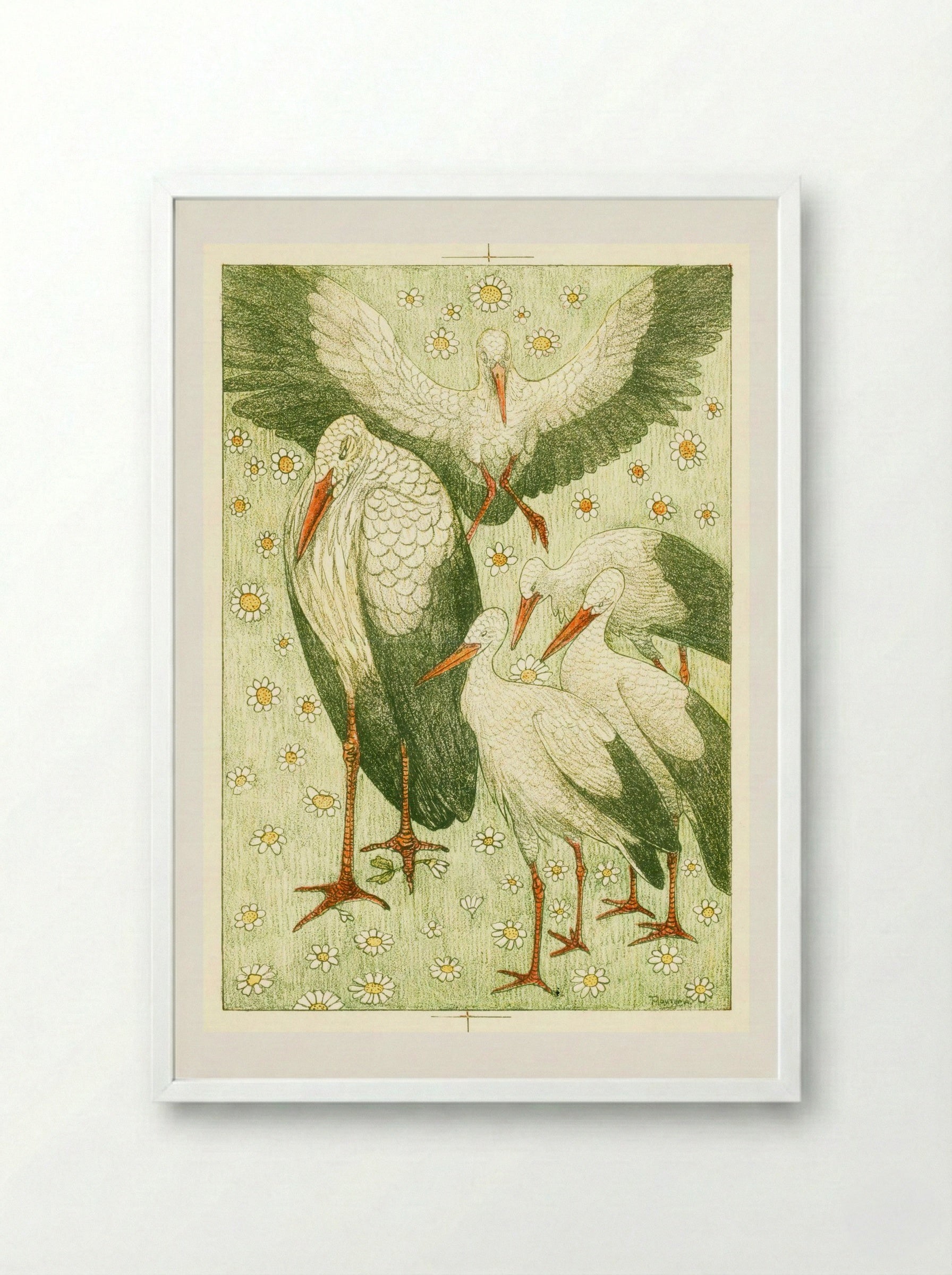 Vijf ooievaars in een wei (Five Storks in a Meadow) - Theo van Hoytema - Framed Print White