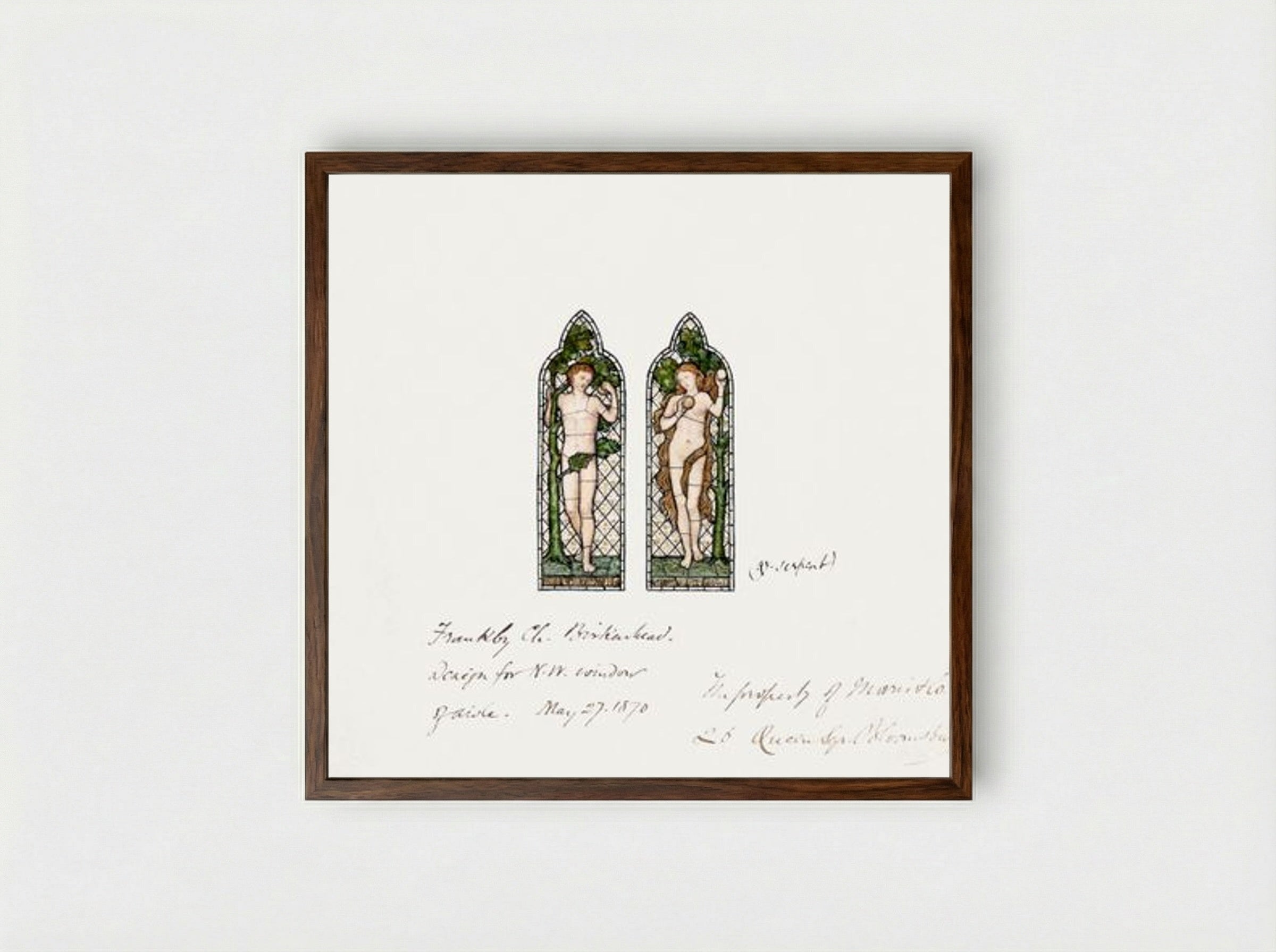 Design for Stained Glass Window: Adam and Eve - Fine Art Print - Framed Print Dark Wood