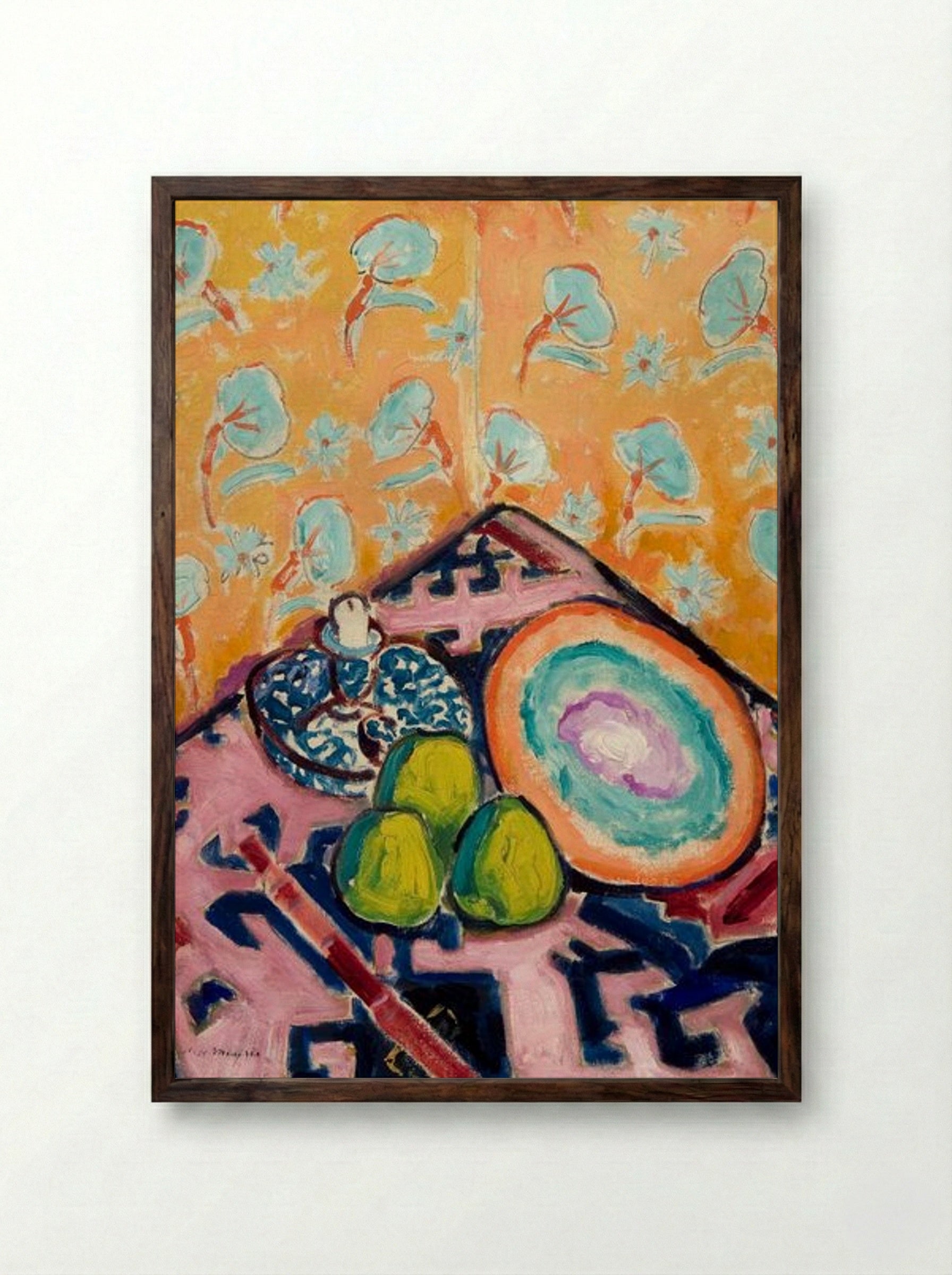 Still Life with Fruit and Patterned Background - Alfred Henry Maurer - Framed Print Dark Wood