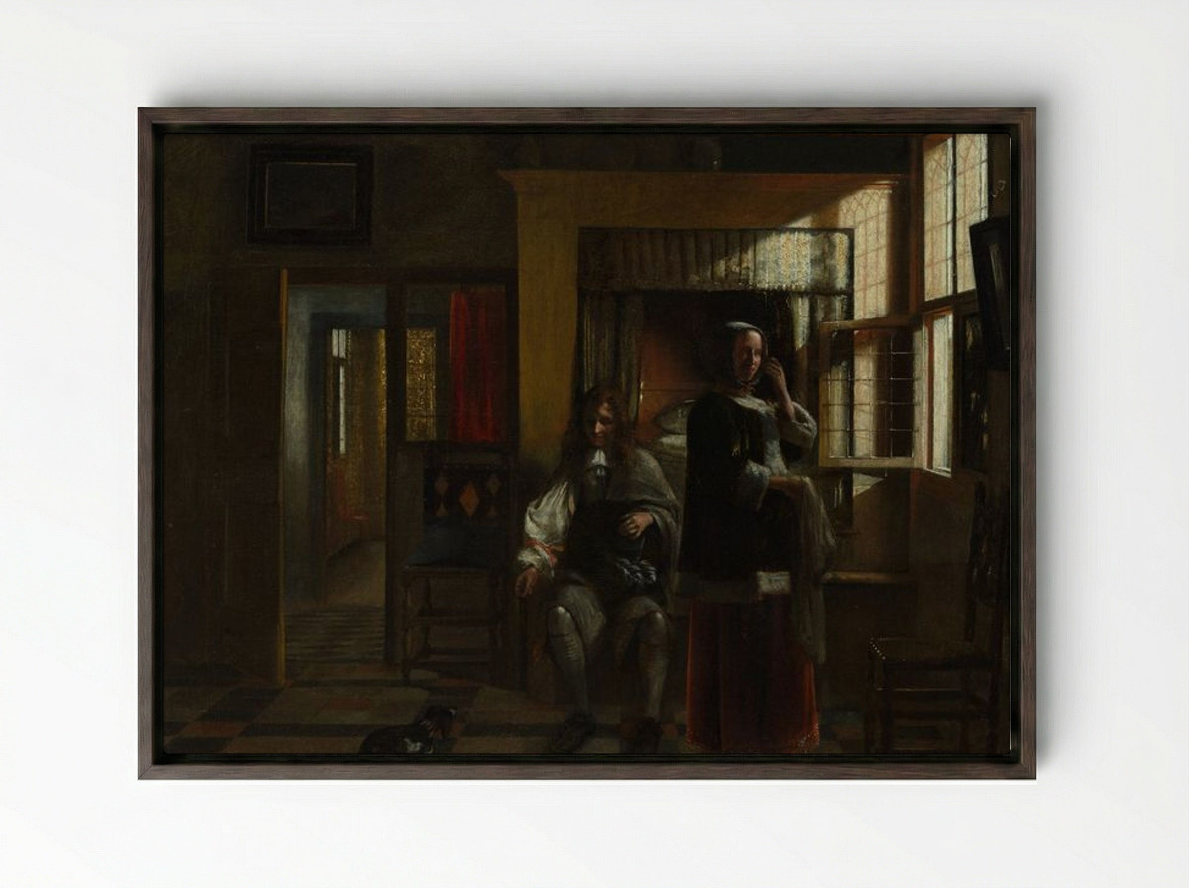 Interior with a Young Couple - Pieter de Hooch - Framed Canvas Dark Wood