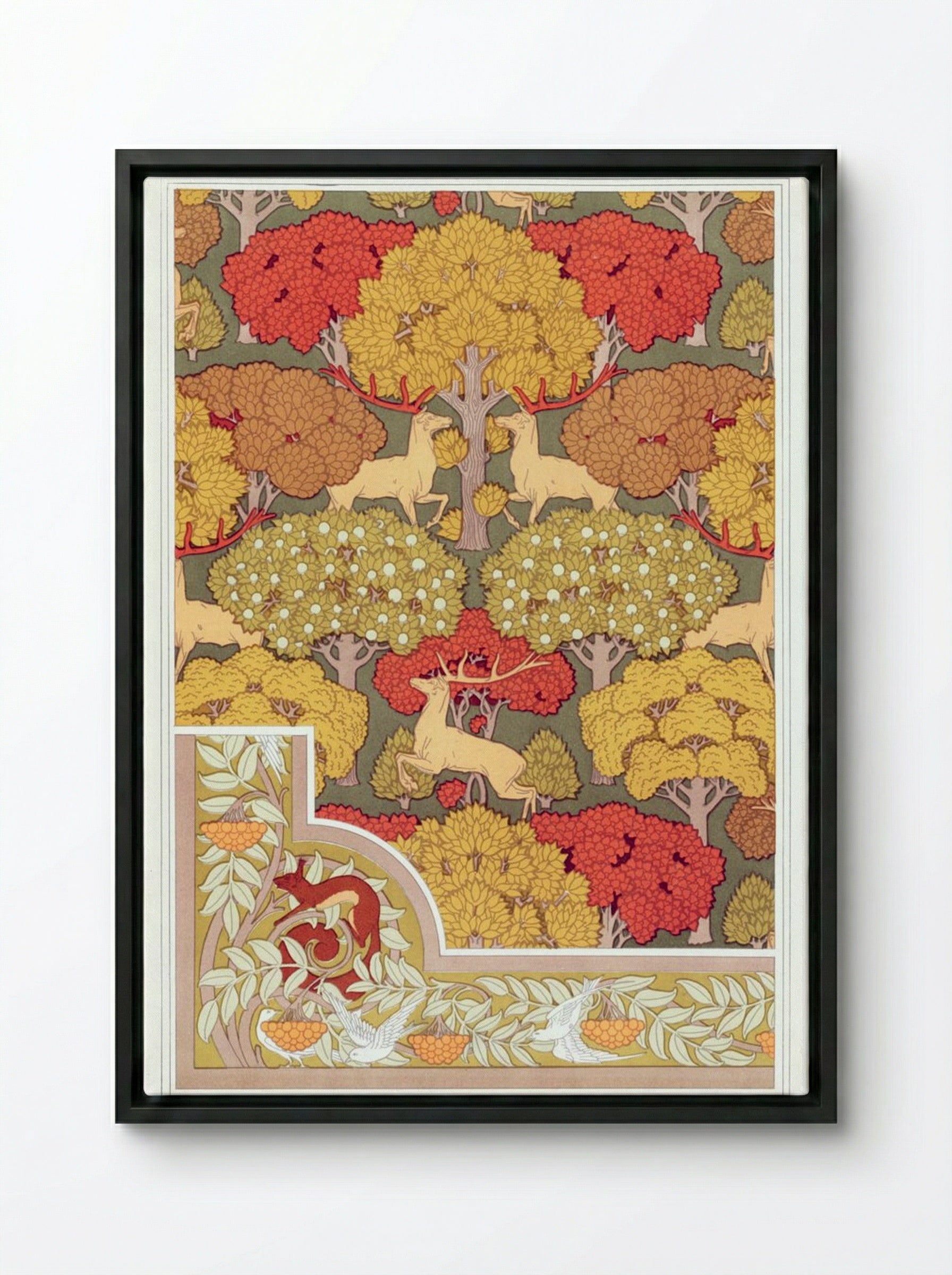 Cerfs et Arbres (Wallpaper Design with Deer and Trees) - Maurice Pillard Verneuil - Framed Canvas Black