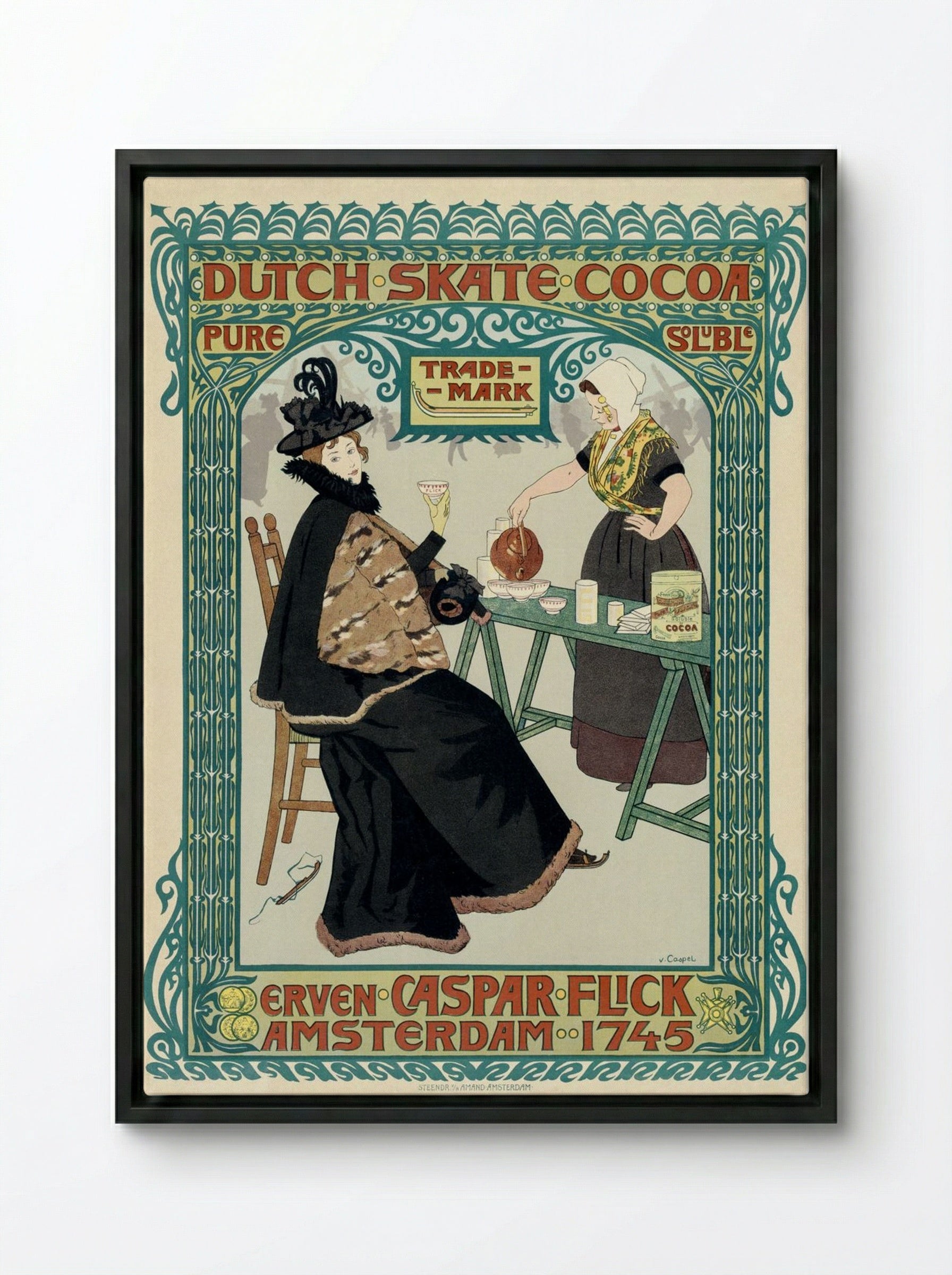 Dutch Skate Cocoa Advertisement - Johann Georg van Caspel - Framed Canvas Black