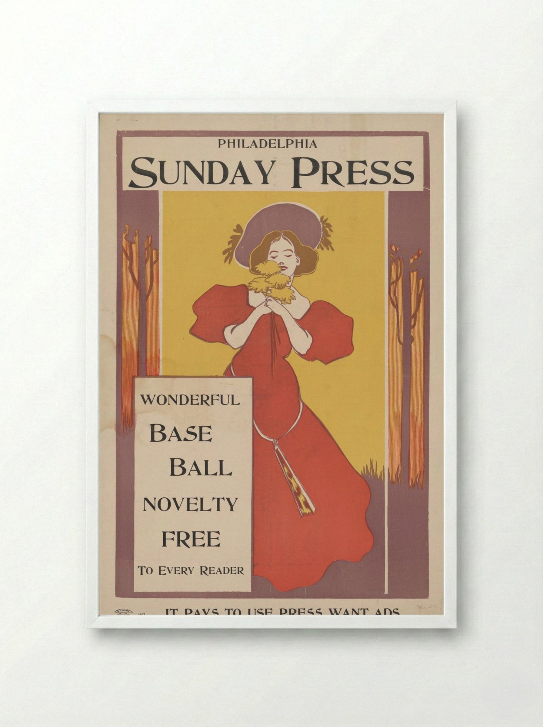 Philadelphia Sunday Press Baseball Novelty Advertisement - Fine Art Print - Framed Print White