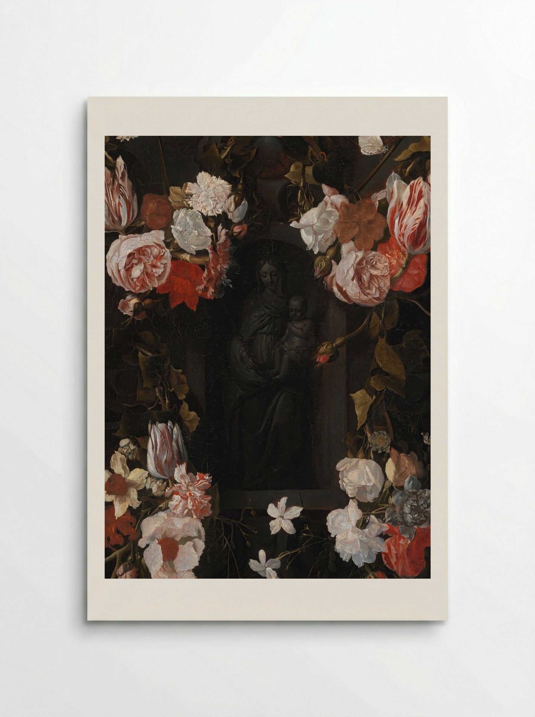 A Flower-Wreathed Niche with a Stone Figure of the Madonna - Fine Art Print - Poster