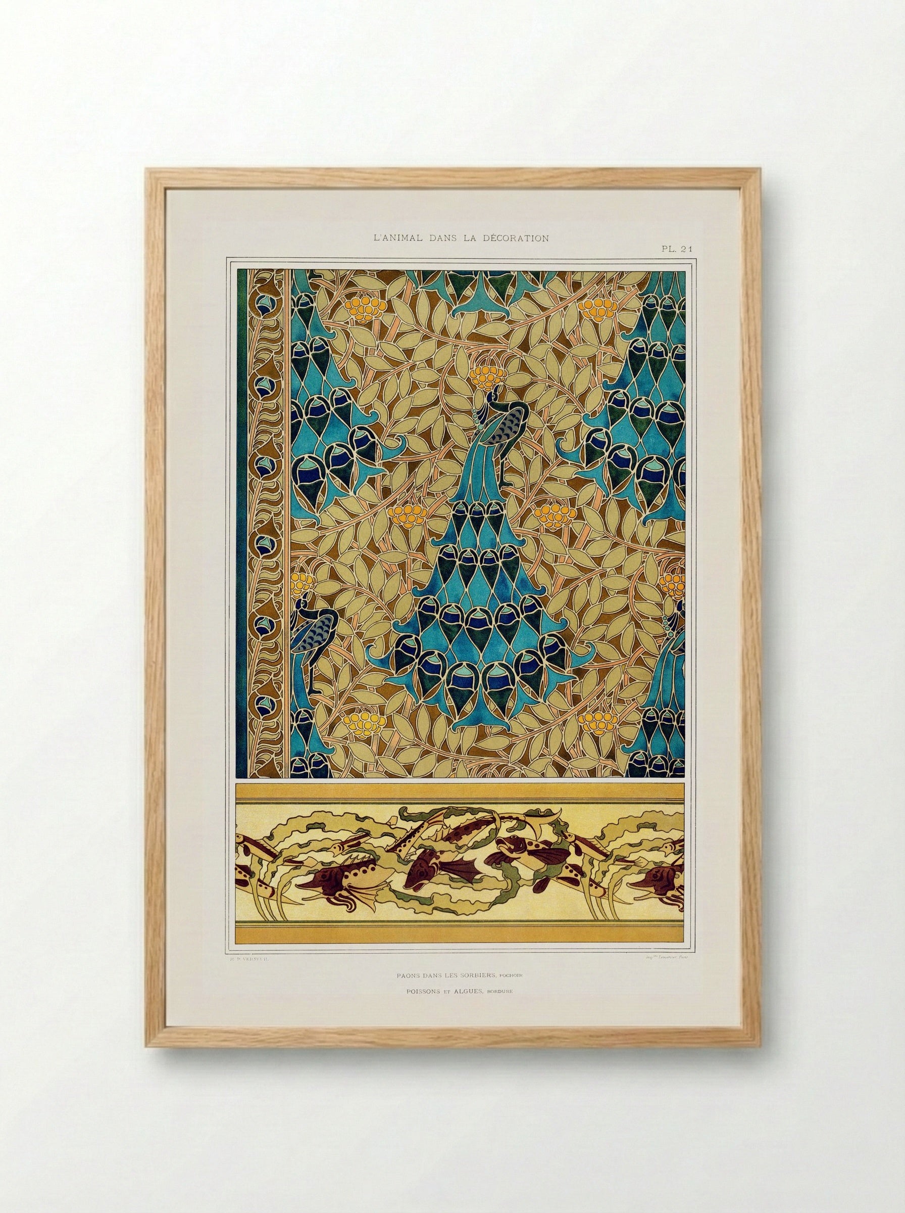 Paons dans les sorbiers, Pochoir; Poissons et algues, Bordure - Maurice Pillard Verneuil - Framed Print Wood