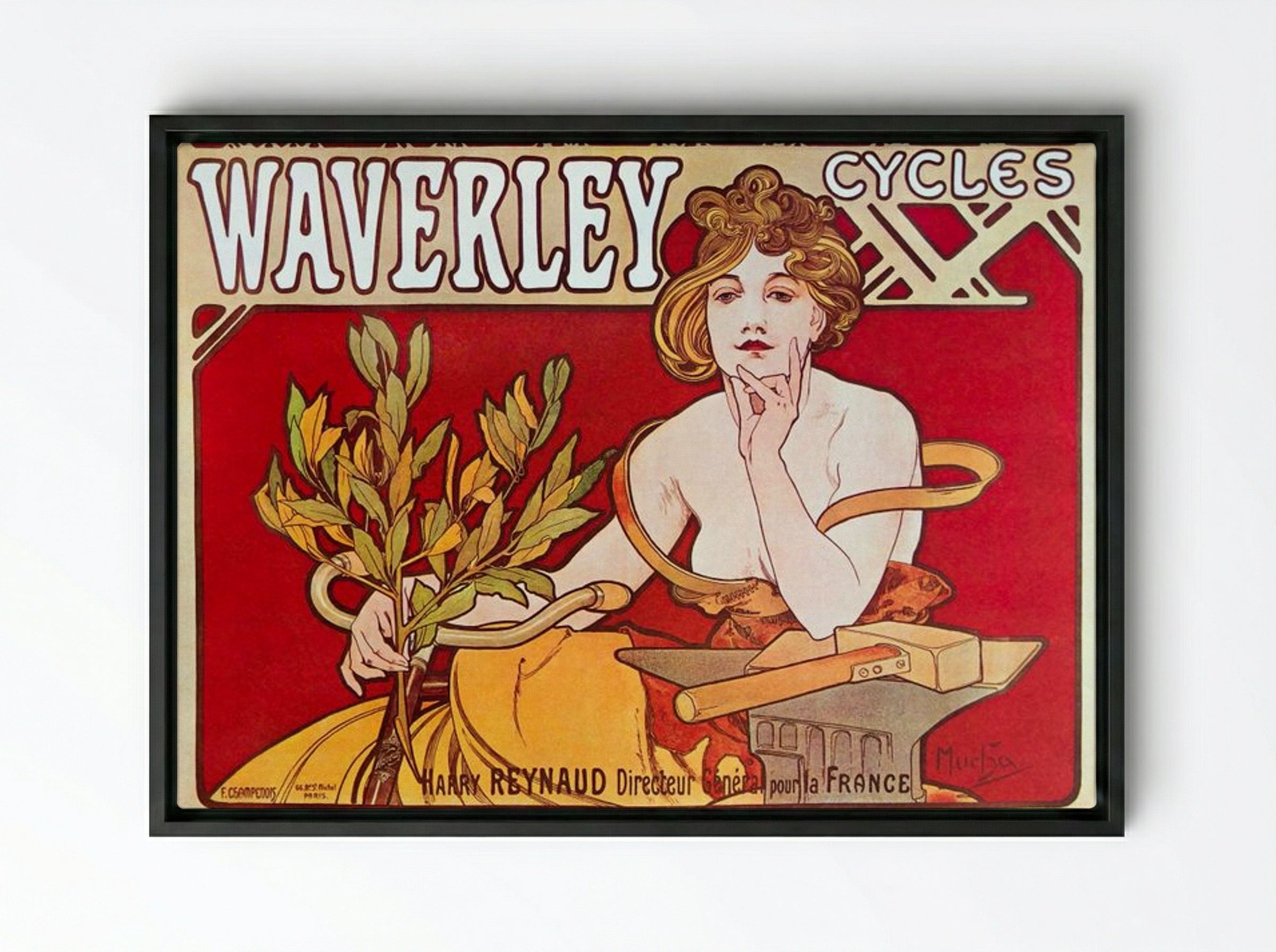 Cycles Waverley, Paris - Alphonse Mucha - Framed Canvas Black