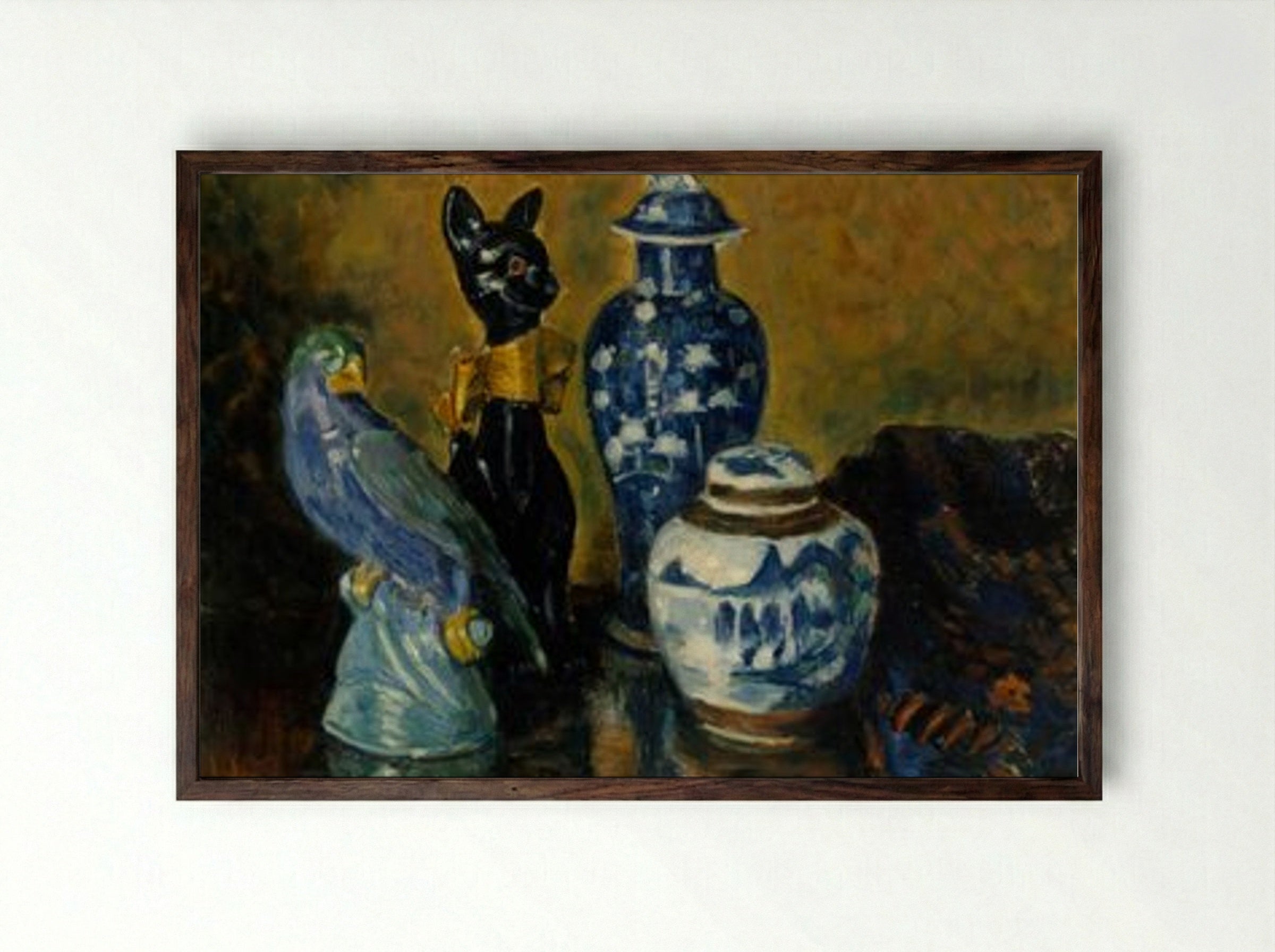 Still Life with Blue Figurines - Alfred William Finch - Framed Print Dark Wood